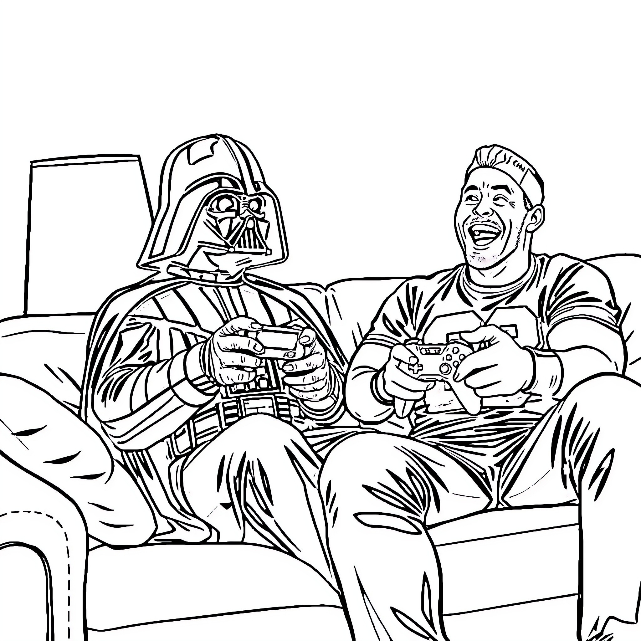 Darth Vader and friend enjoy video game together Coloring Page (free black-and-white line drawing printable PDF for all, from beginners to advanced learners, including children, teens, adults, and seniors)