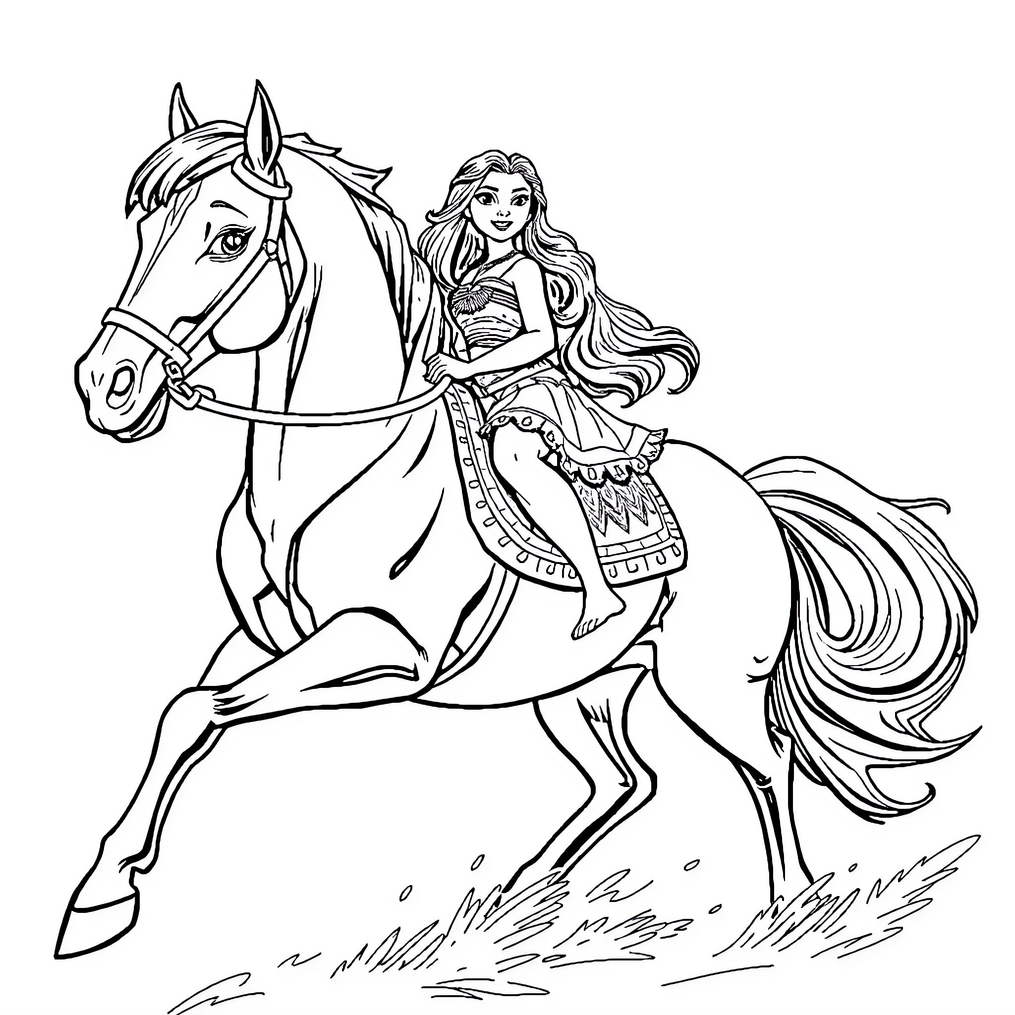 Moana riding a beautiful horse in a vibrant outfit Coloring Page (free black-and-white line drawing printable PDF for all, from beginners to advanced learners, including children, teens, adults, and seniors)