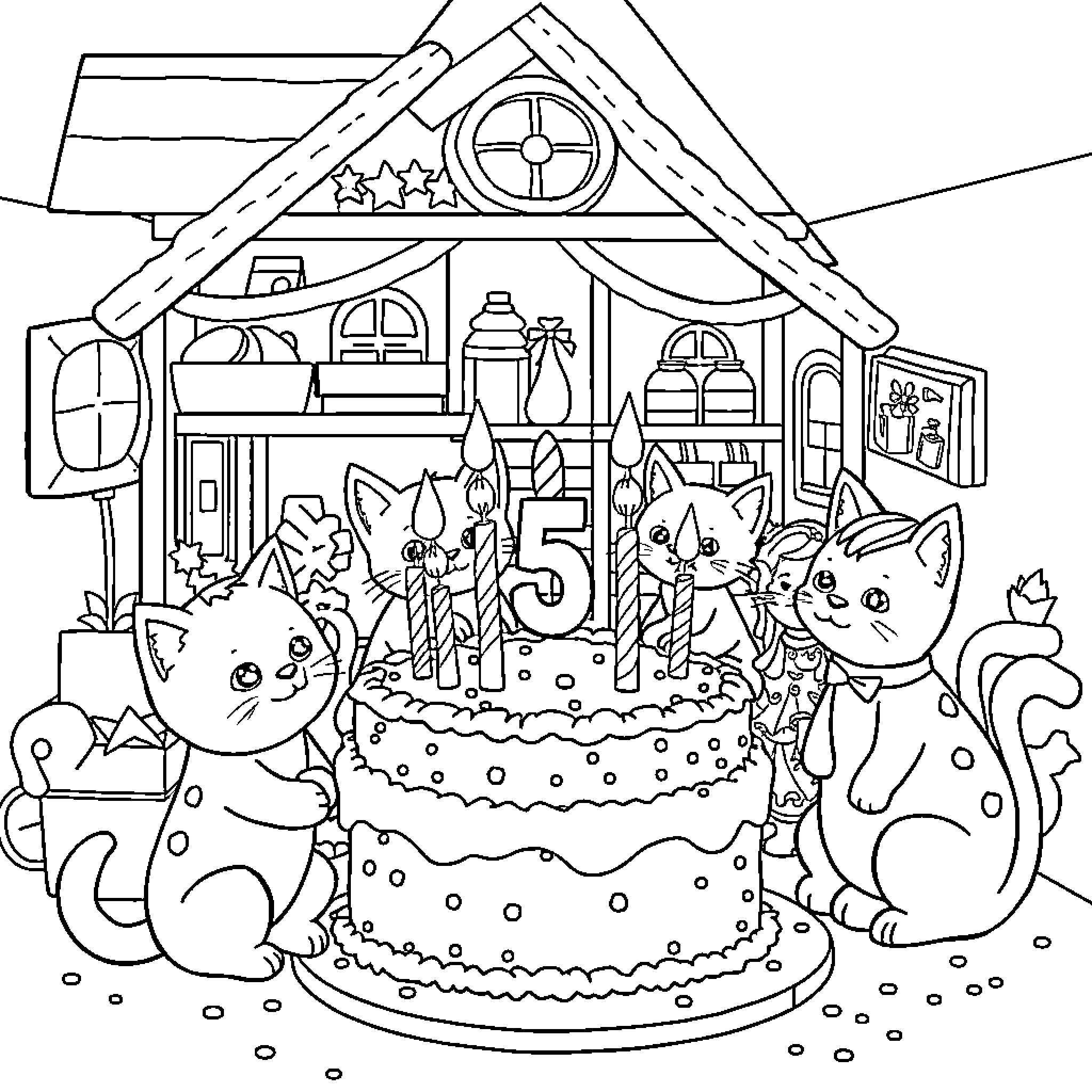 Cat birthday party with cake and friends Coloring Page (free black-and-white line drawing printable PDF for all, from beginners to advanced learners, including children, teens, adults, and seniors)