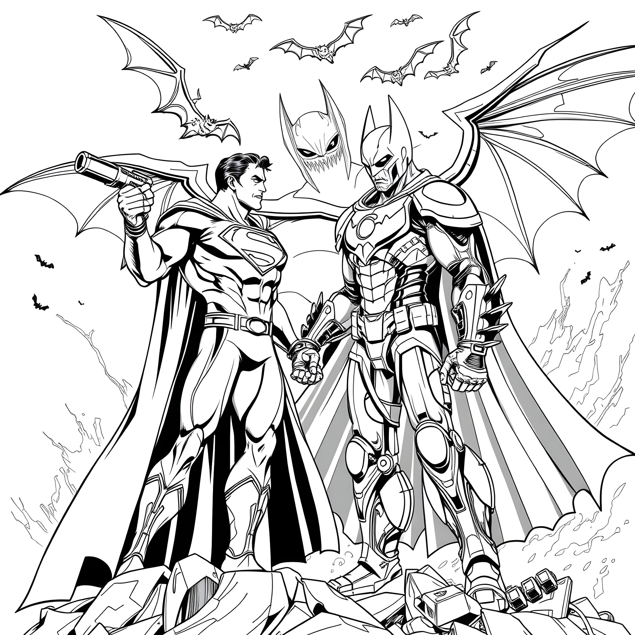 Superman and Batman battling evil villains in the night Coloring Page (free black-and-white line drawing printable PDF for all, from beginners to advanced learners, including children, teens, adults, and seniors)
