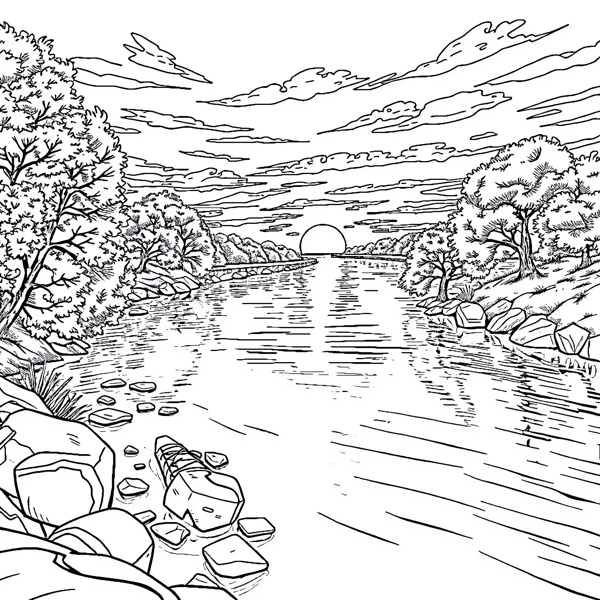 River Landscape at Sunset Coloring Page (free black-and-white line drawing printable PDF for all, from beginners to advanced learners, including children, teens, adults, and seniors)