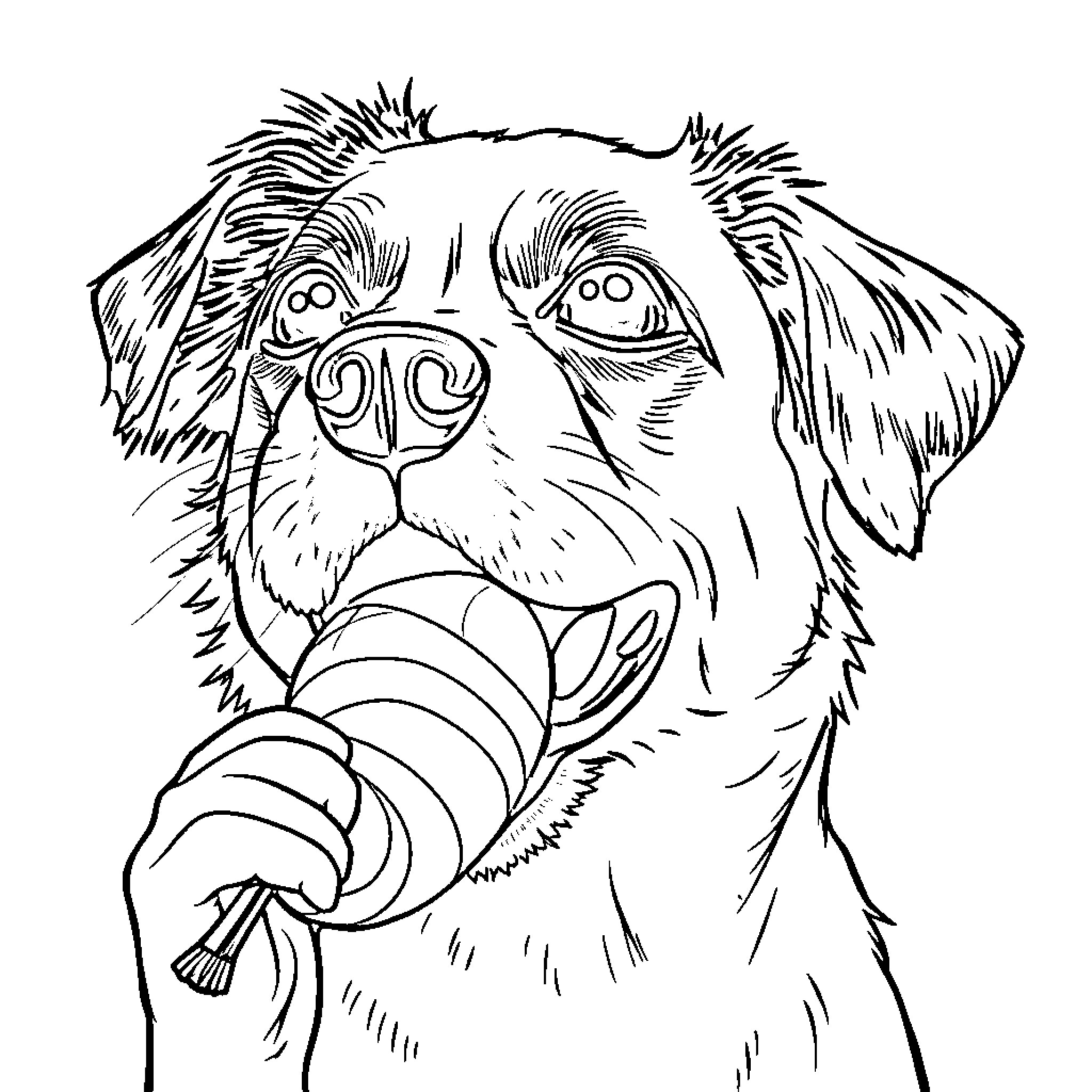 Dog playfully chewing on a toy Coloring Page (free black-and-white line drawing printable PDF for all, from beginners to advanced learners, including children, teens, adults, and seniors)