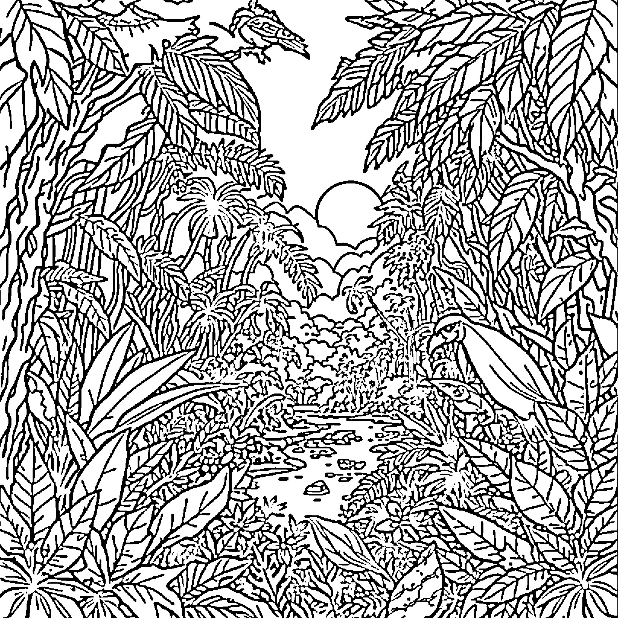 Rainforest Wilderness Exploration Coloring Page (free black-and-white line drawing printable PDF for all, from beginners to advanced learners, including children, teens, adults, and seniors)
