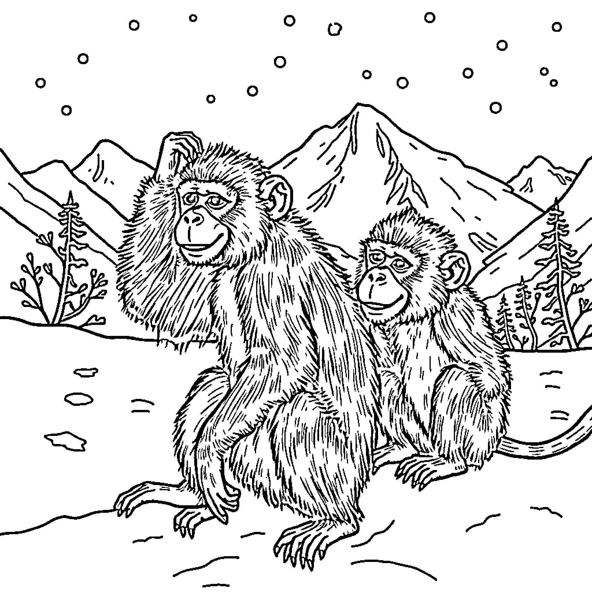 Monkeys in winter mountain landscape Coloring Page (free black-and-white line drawing printable PDF for all, from beginners to advanced learners, including children, teens, adults, and seniors)