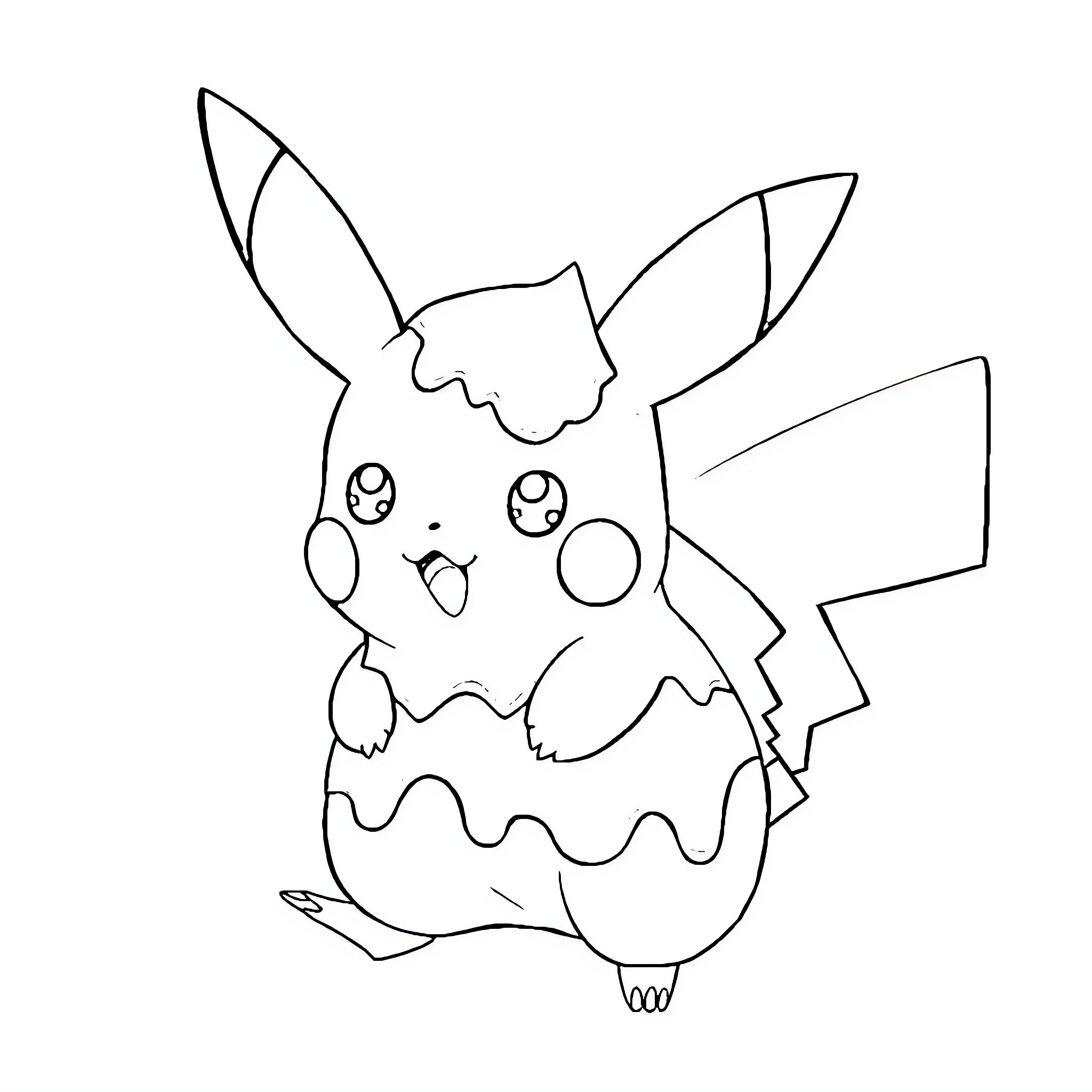 Pikachu in cute and playful pose Coloring Page (free black-and-white line drawing printable PDF for all, from beginners to advanced learners, including children, teens, adults, and seniors)