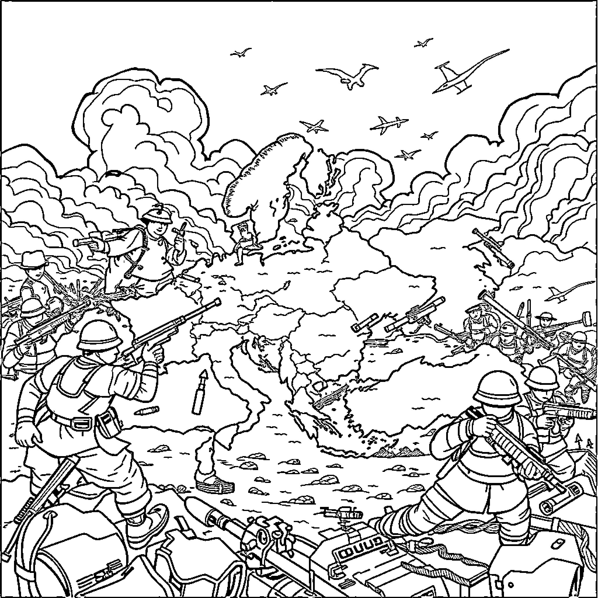 World War 2 Battle Scene with Soldiers and Destruction Coloring Page (free black-and-white line drawing printable PDF for all, from beginners to advanced learners, including children, teens, adults, and seniors)