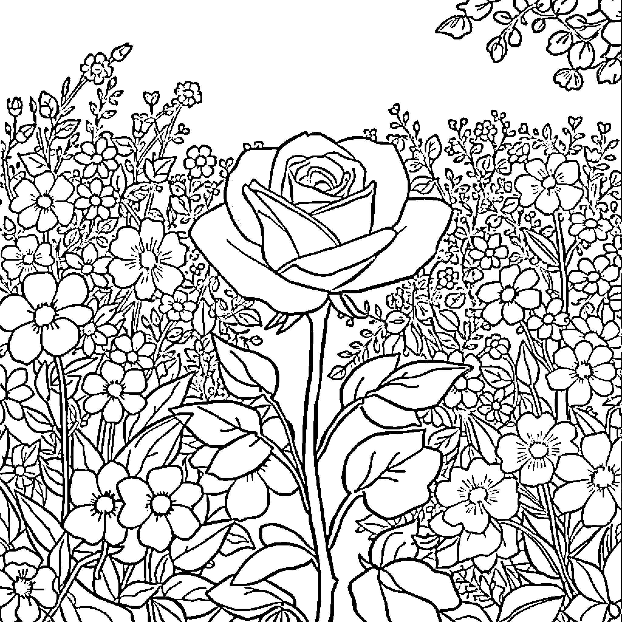 Rose in a Floral Garden Coloring Page (free black-and-white line drawing printable PDF for all, from beginners to advanced learners, including children, teens, adults, and seniors)