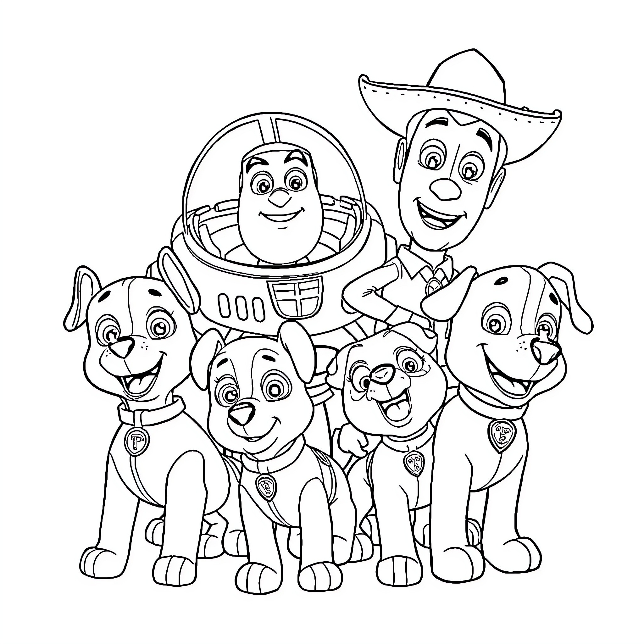 Buzz and Woody with Paw Patrol friends posing together Coloring Page (free black-and-white line drawing printable PDF for all, from beginners to advanced learners, including children, teens, adults, and seniors)