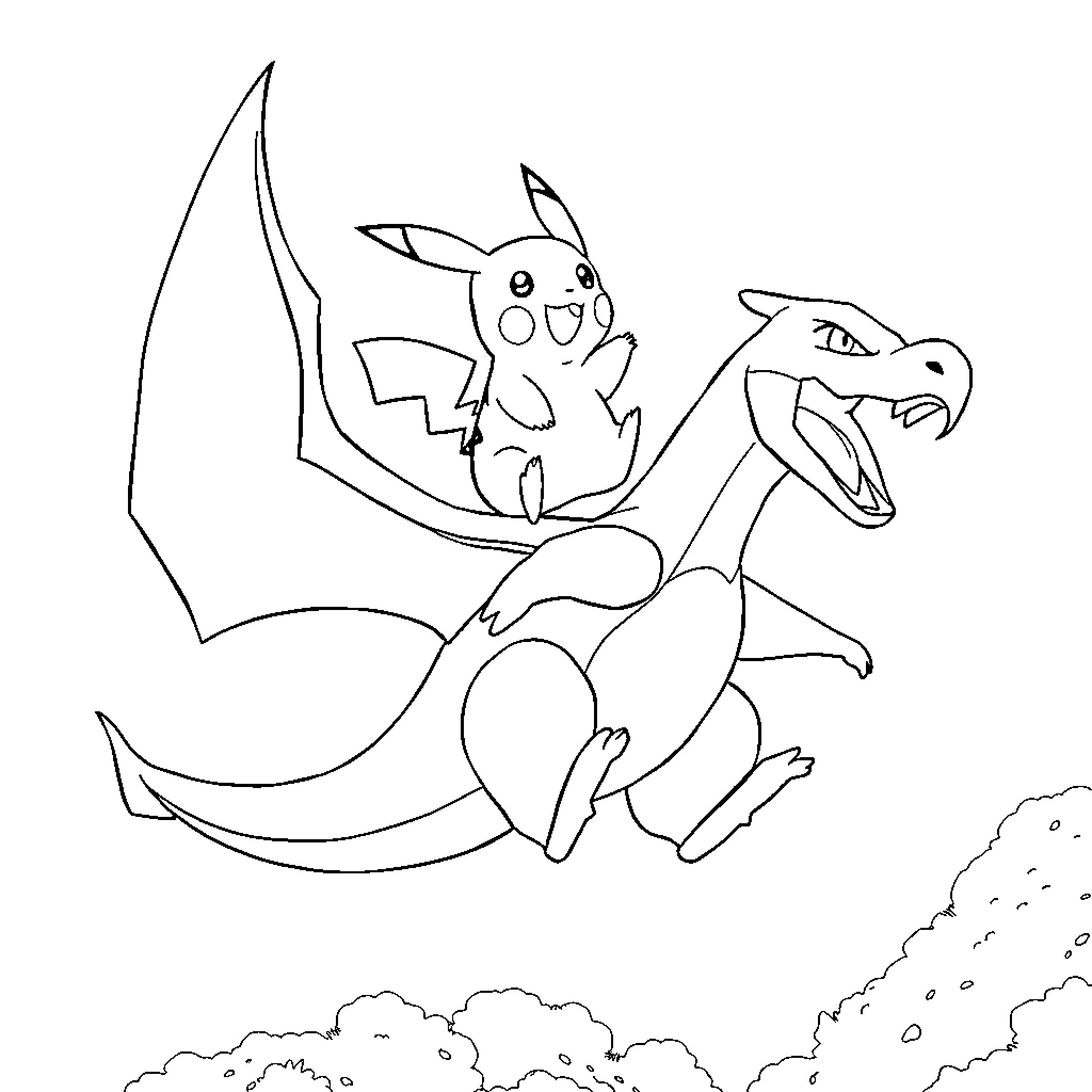 Pikachu riding a dragon through the sky Coloring Page (free black-and-white line drawing printable PDF for all, from beginners to advanced learners, including children, teens, adults, and seniors)