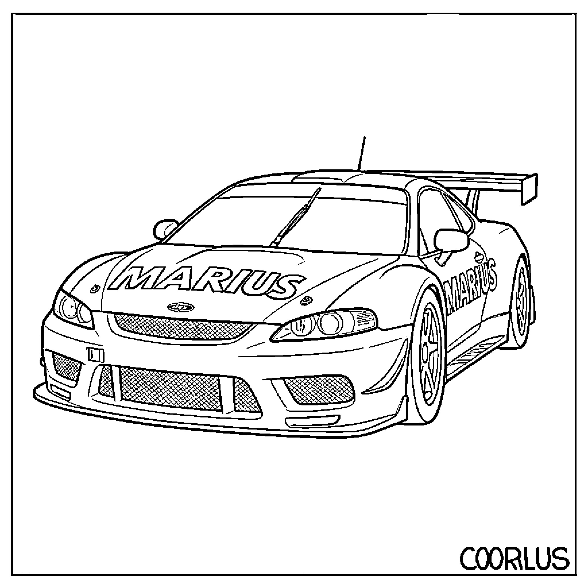 Race Car parked with aerodynamic spoilers and decals Coloring Page (free black-and-white line drawing printable PDF for all, from beginners to advanced learners, including children, teens, adults, and seniors)