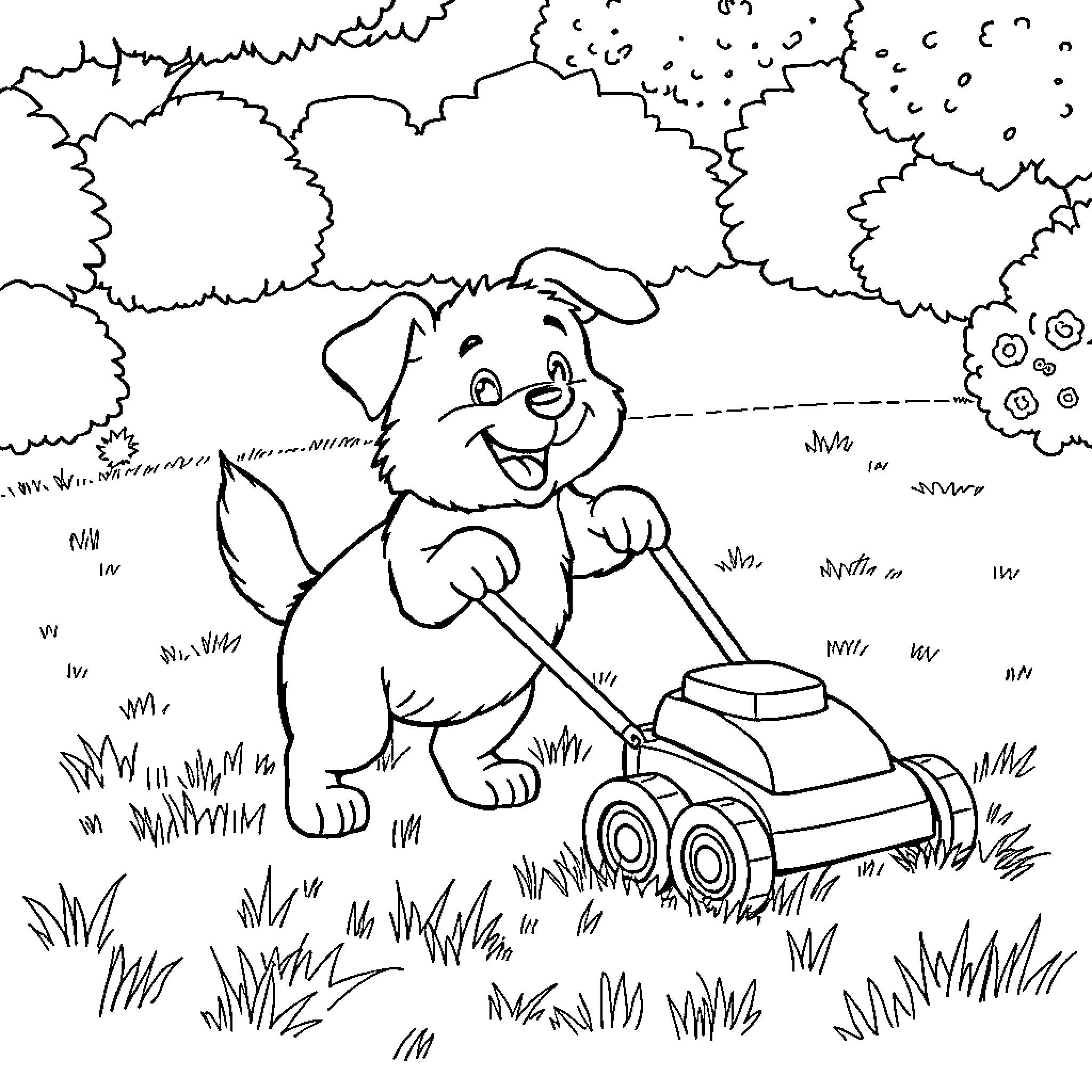 Dog mowing the lawn happily Coloring Page (free black-and-white line drawing printable PDF for all, from beginners to advanced learners, including children, teens, adults, and seniors)