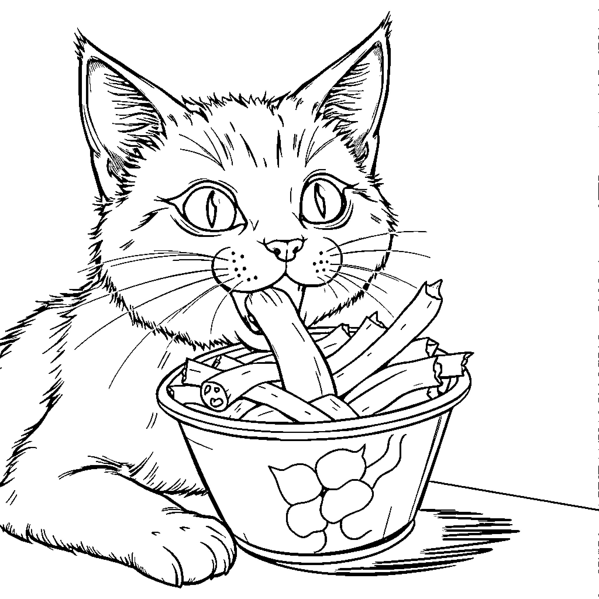 Cat playing with toys in basket Coloring Page (free black-and-white line drawing printable PDF for all, from beginners to advanced learners, including children, teens, adults, and seniors)