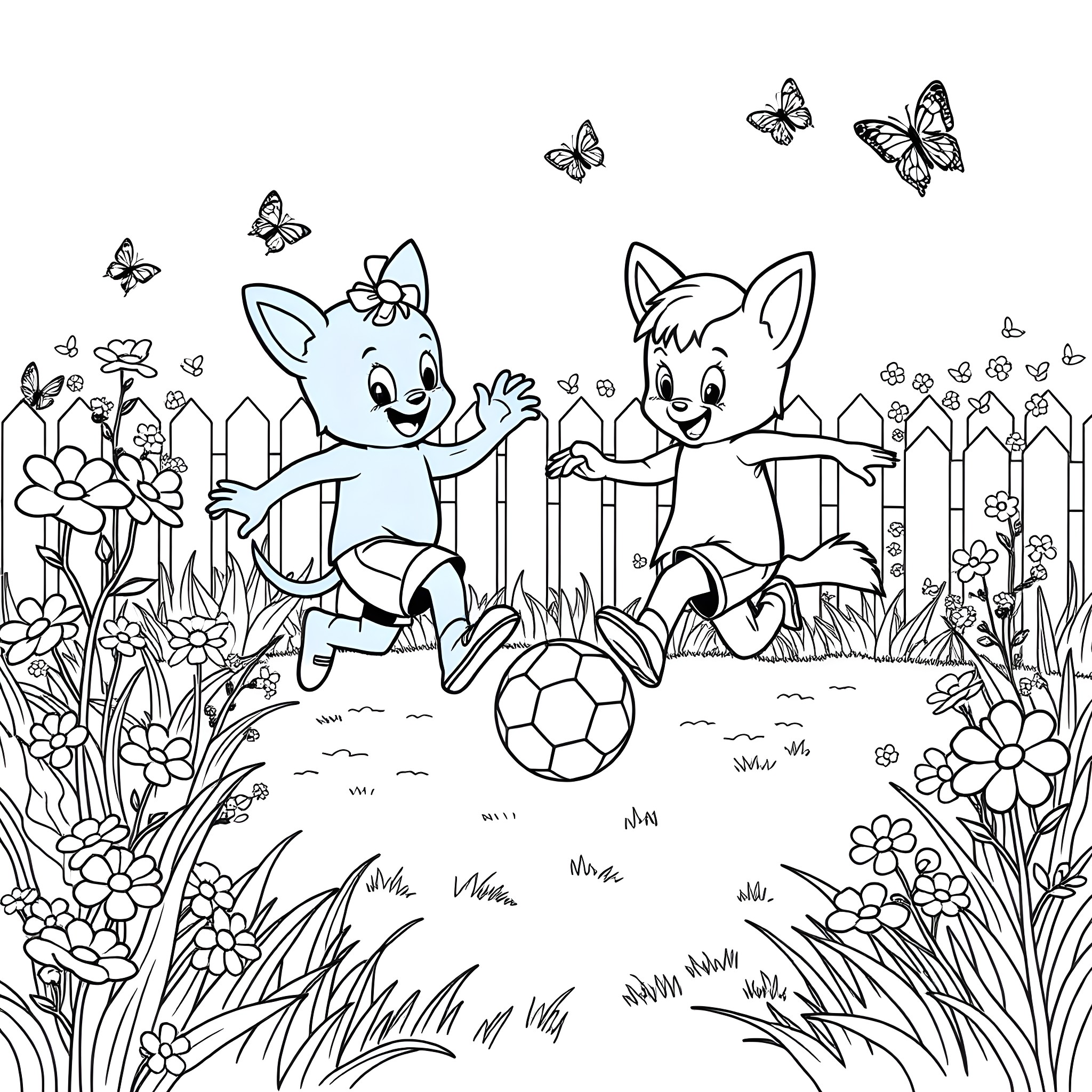 Bluey and friends playing in the garden Coloring Page (free black-and-white line drawing printable PDF for all, from beginners to advanced learners, including children, teens, adults, and seniors)