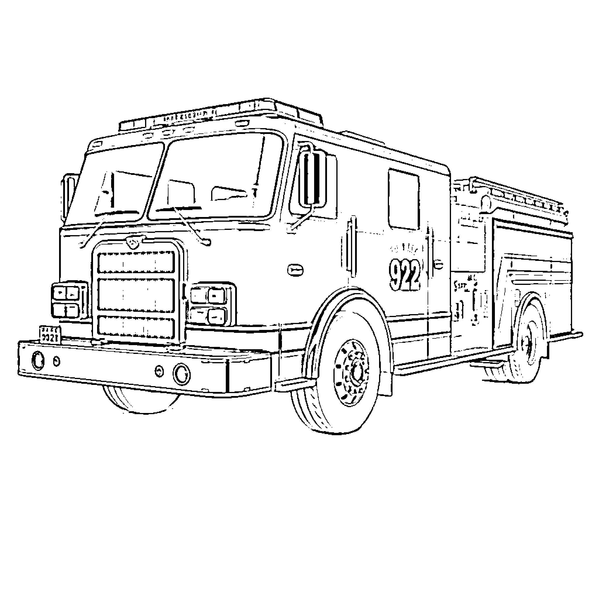 Firetruck responding to an emergency call Coloring Page (free black-and-white line drawing printable PDF for all, from beginners to advanced learners, including children, teens, adults, and seniors)