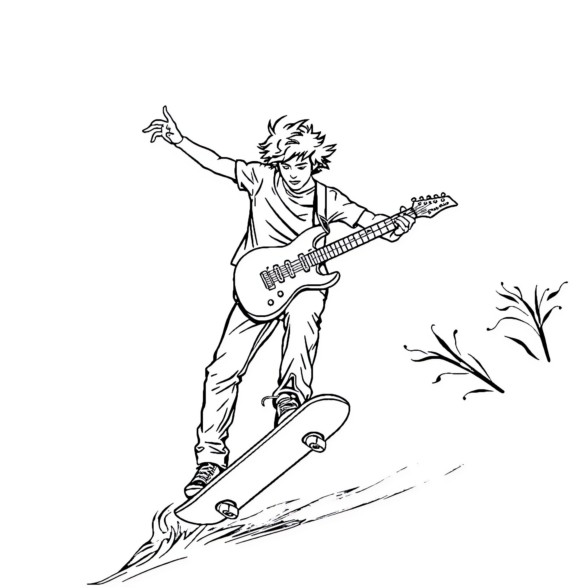Guitar player performing energetic rock on a skateboard Coloring Page (free black-and-white line drawing printable PDF for all, from beginners to advanced learners, including children, teens, adults, and seniors)