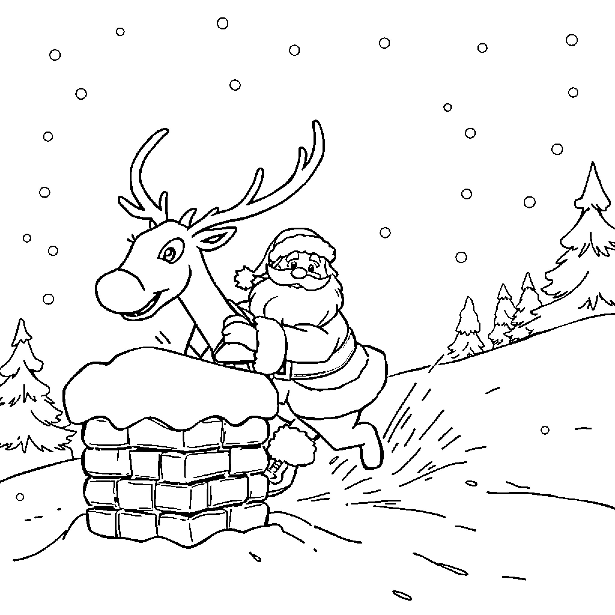 Reindeer and Santa Claus in a winter scene Coloring Page (free black-and-white line drawing printable PDF for all, from beginners to advanced learners, including children, teens, adults, and seniors)