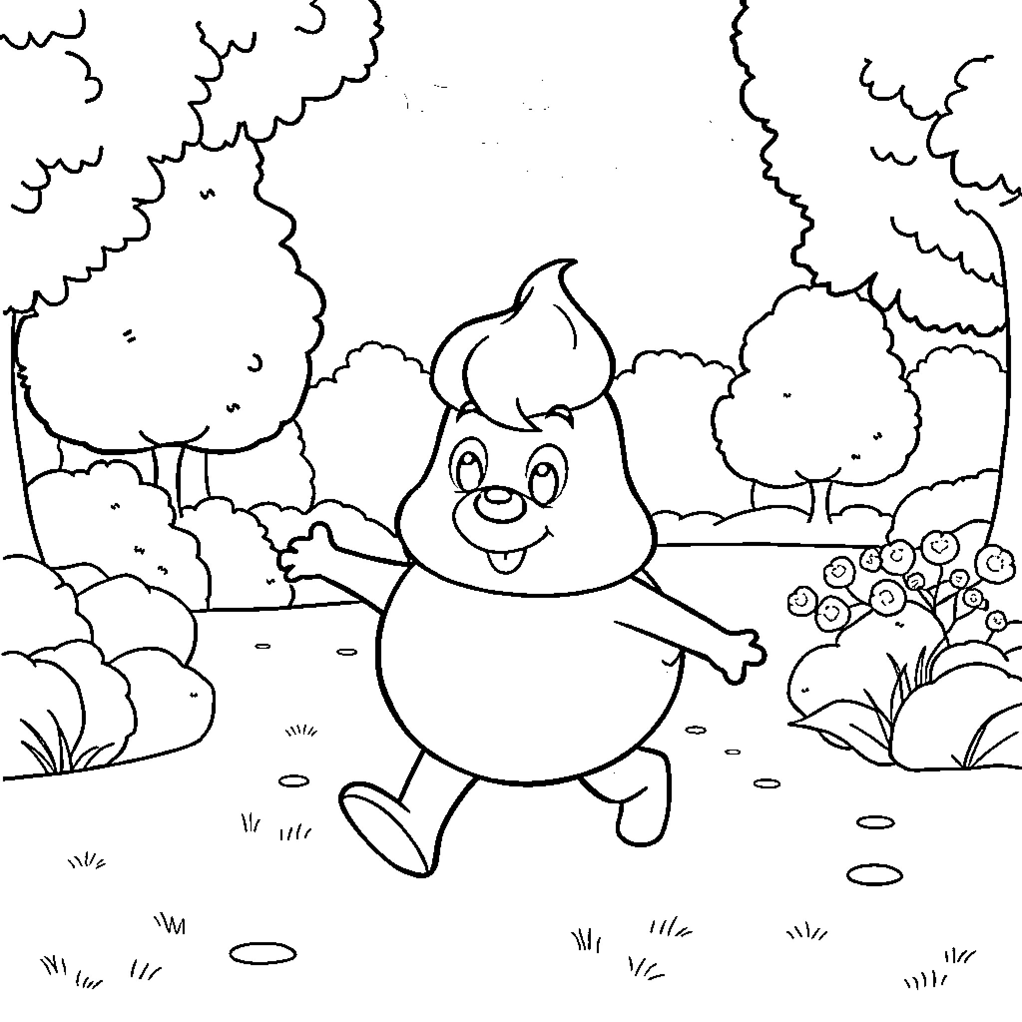 Poop character frolicking happily in the meadow Coloring Page (free black-and-white line drawing printable PDF for all, from beginners to advanced learners, including children, teens, adults, and seniors)