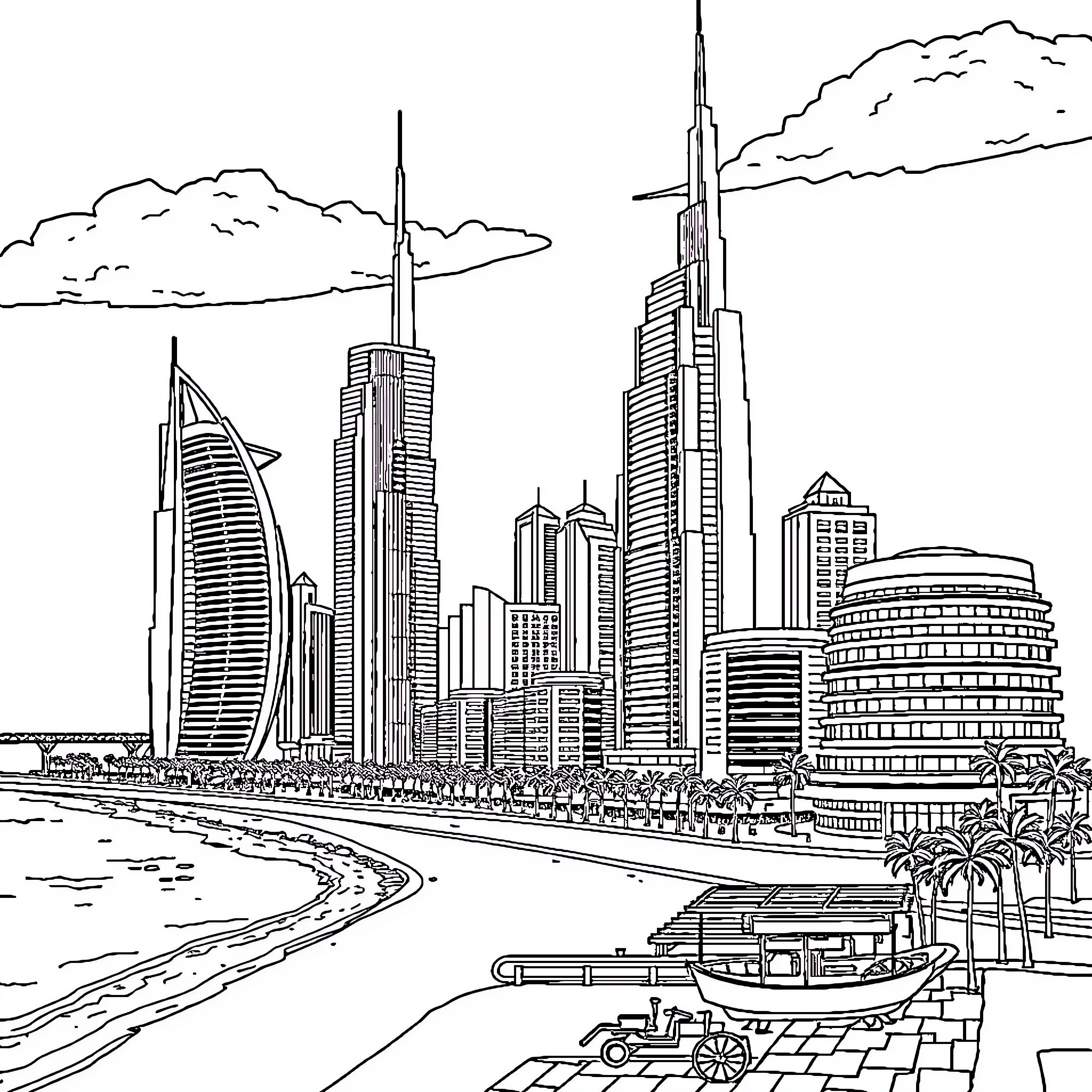 Dubai's iconic skyline with skyscrapers and waterfront Coloring Page (free black-and-white line drawing printable PDF for all, from beginners to advanced learners, including children, teens, adults, and seniors)