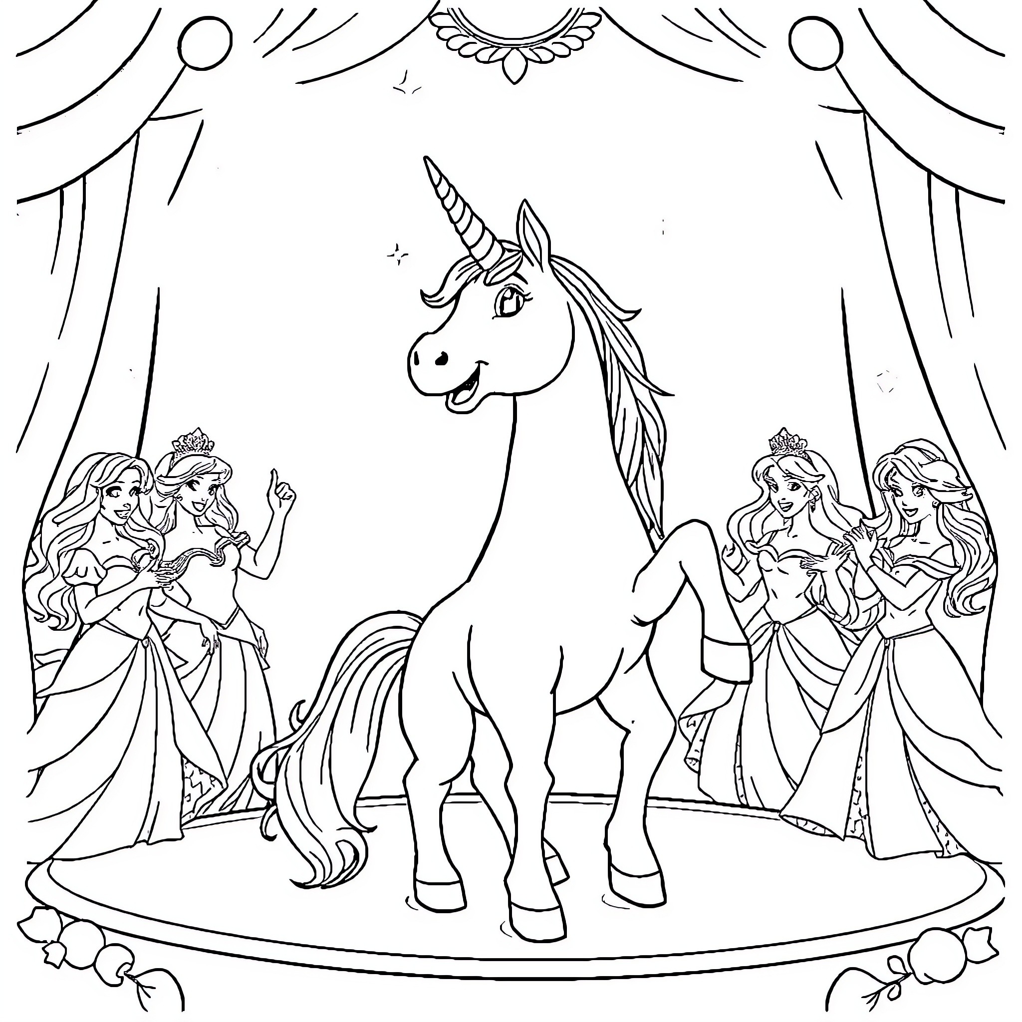 Unicorn performing in a magical theater show Coloring Page (free black-and-white line drawing printable PDF for all, from beginners to advanced learners, including children, teens, adults, and seniors)
