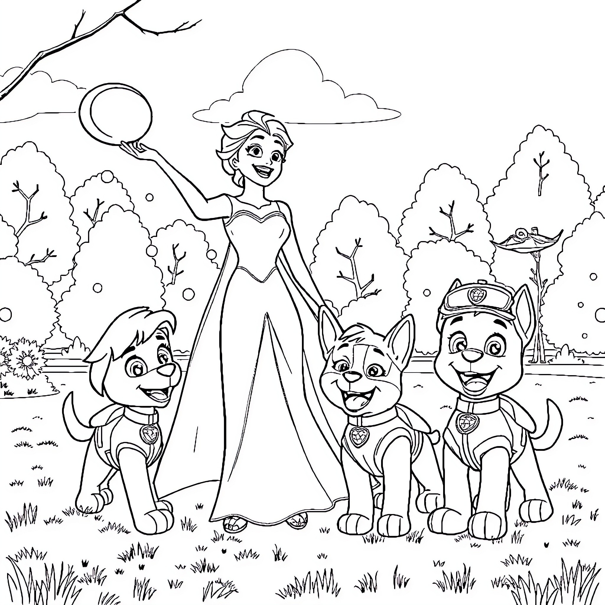 Princess Elsa explores the forest with her animal friends Coloring Page (free black-and-white line drawing printable PDF for all, from beginners to advanced learners, including children, teens, adults, and seniors)