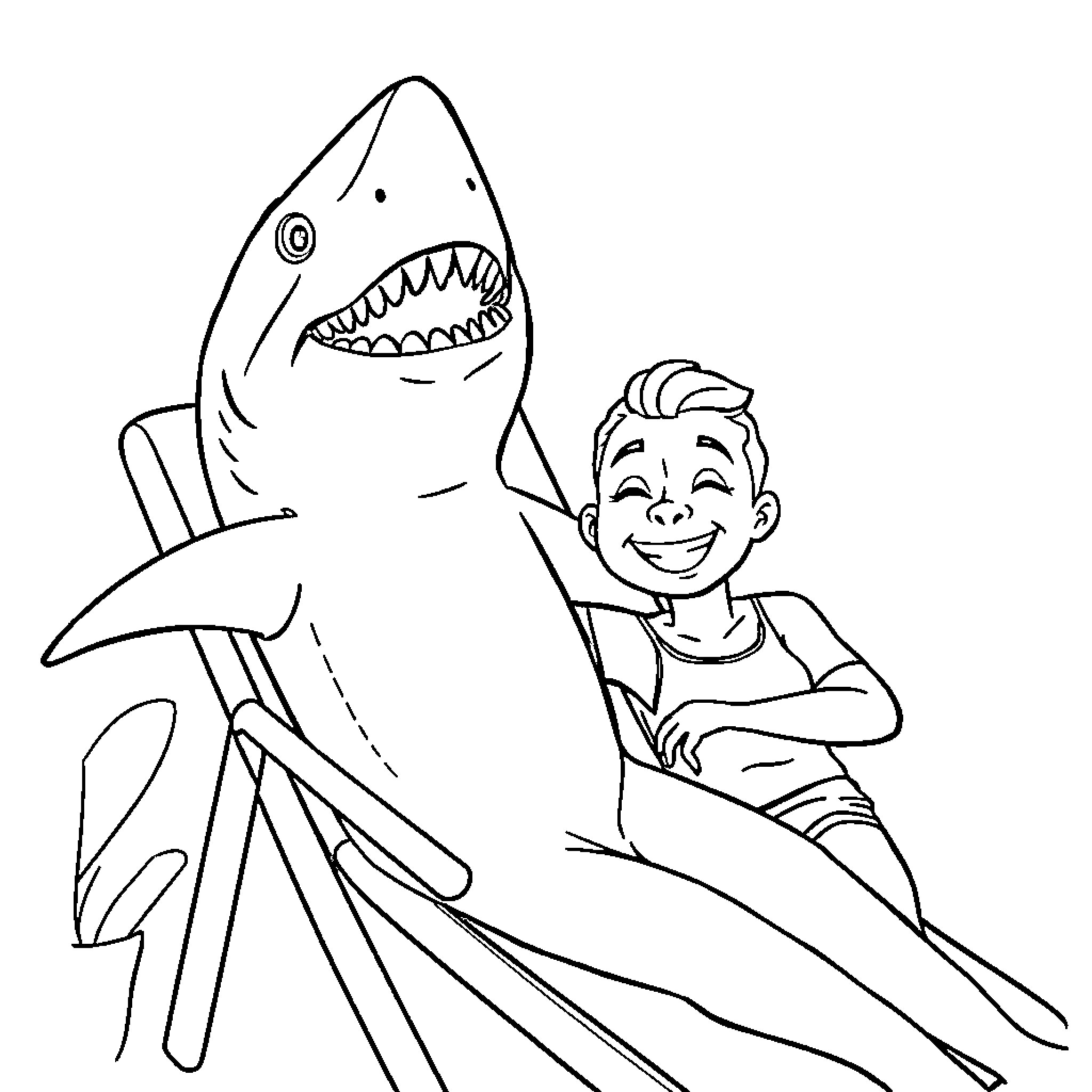 Shark chasing a smiling boy Coloring Page (free black-and-white line drawing printable PDF for all, from beginners to advanced learners, including children, teens, adults, and seniors)