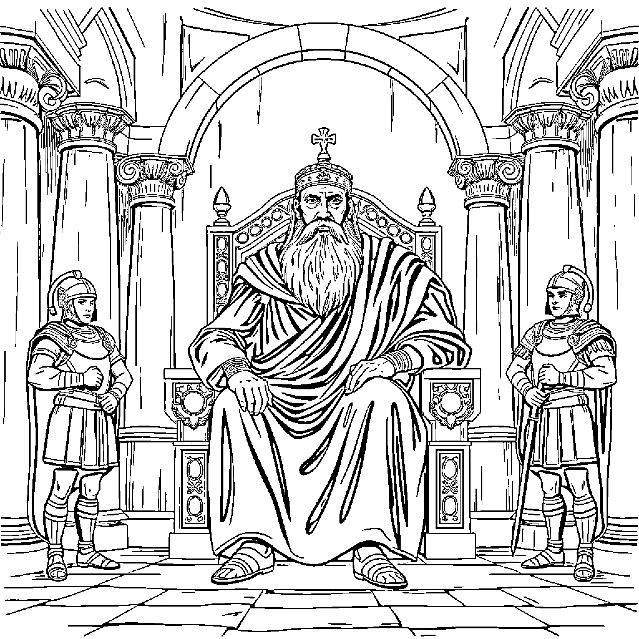 General Scene of Ornate Royal Throne and Attendants Coloring Page (free black-and-white line drawing printable PDF for all, from beginners to advanced learners, including children, teens, adults, and seniors)