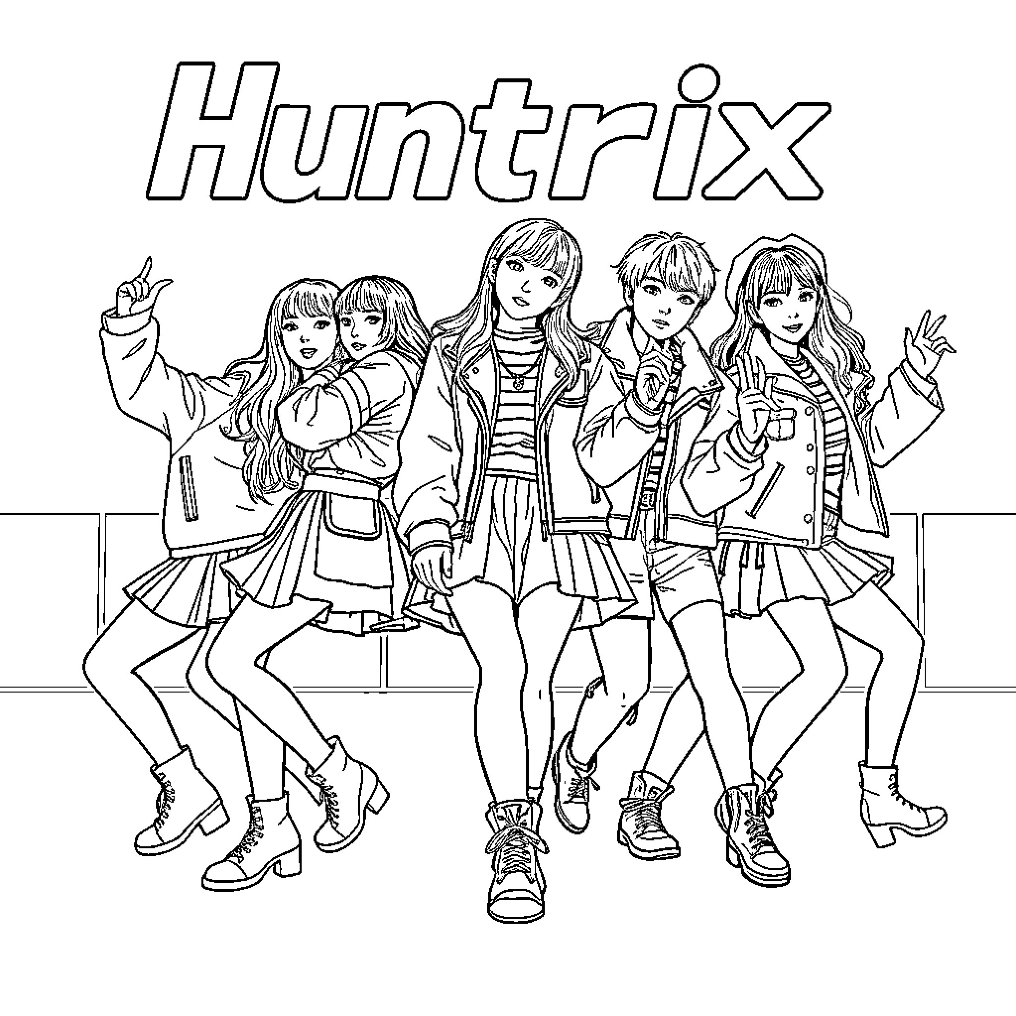 Huntrix: Energetic Group Posing in Casual Outfits Coloring Page (free black-and-white line drawing printable PDF for all, from beginners to advanced learners, including children, teens, adults, and seniors)