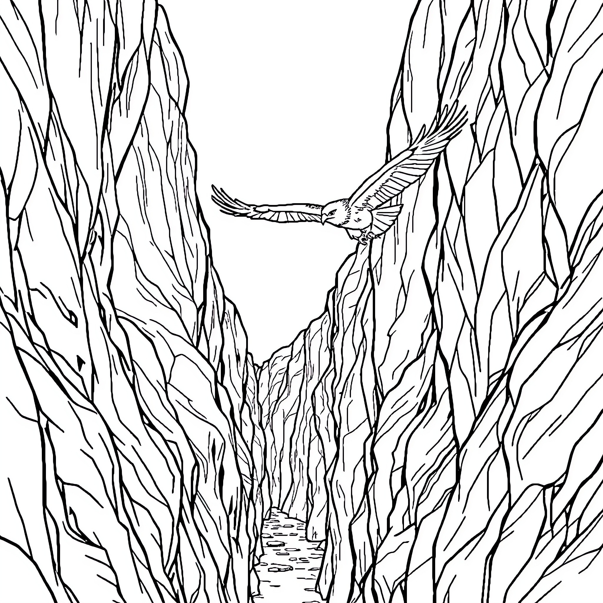 Eagle soaring through a winding forest path Coloring Page (free black-and-white line drawing printable PDF for all, from beginners to advanced learners, including children, teens, adults, and seniors)