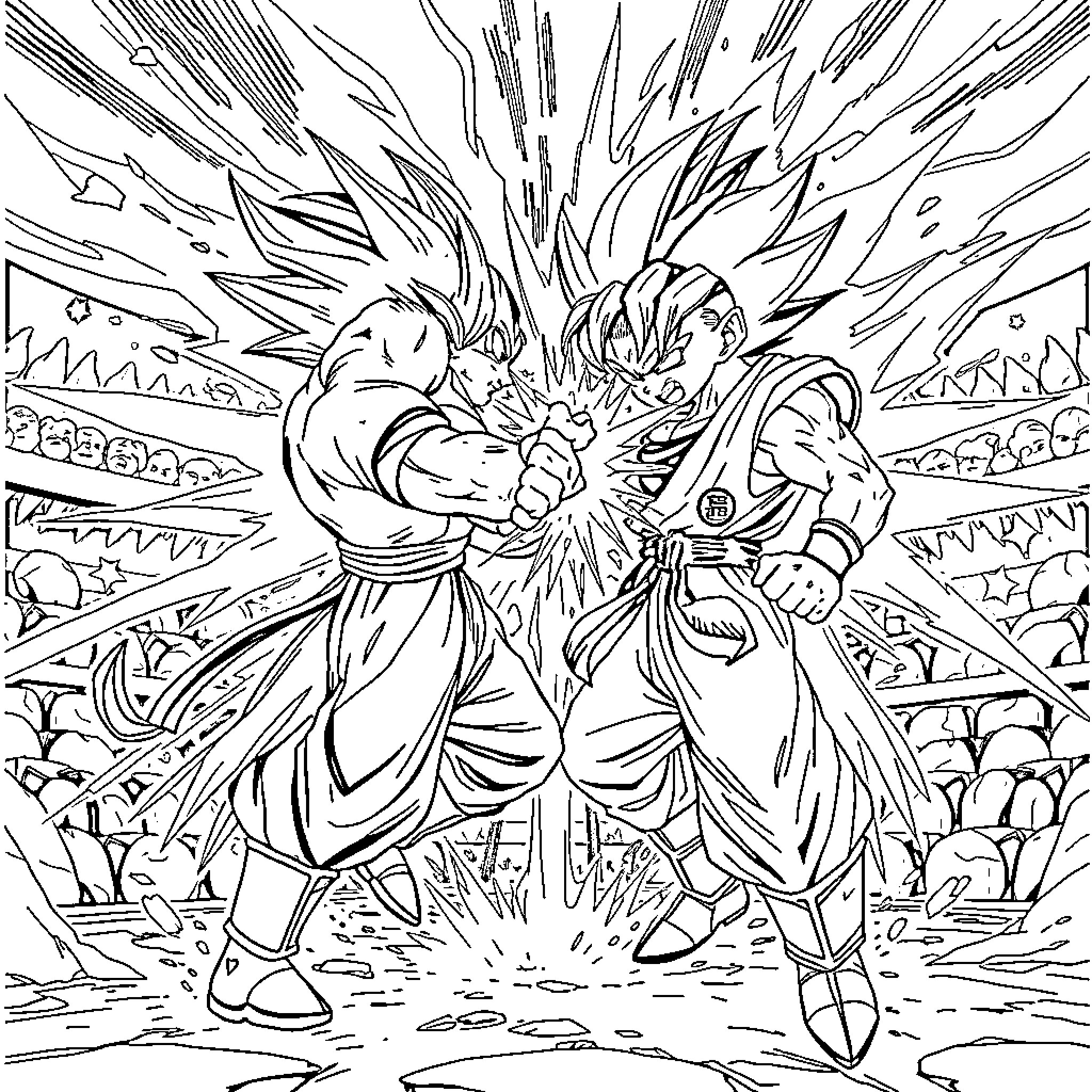 Gohan's Powerful Clash in the Arena Coloring Page (free black-and-white line drawing printable PDF for all, from beginners to advanced learners, including children, teens, adults, and seniors)