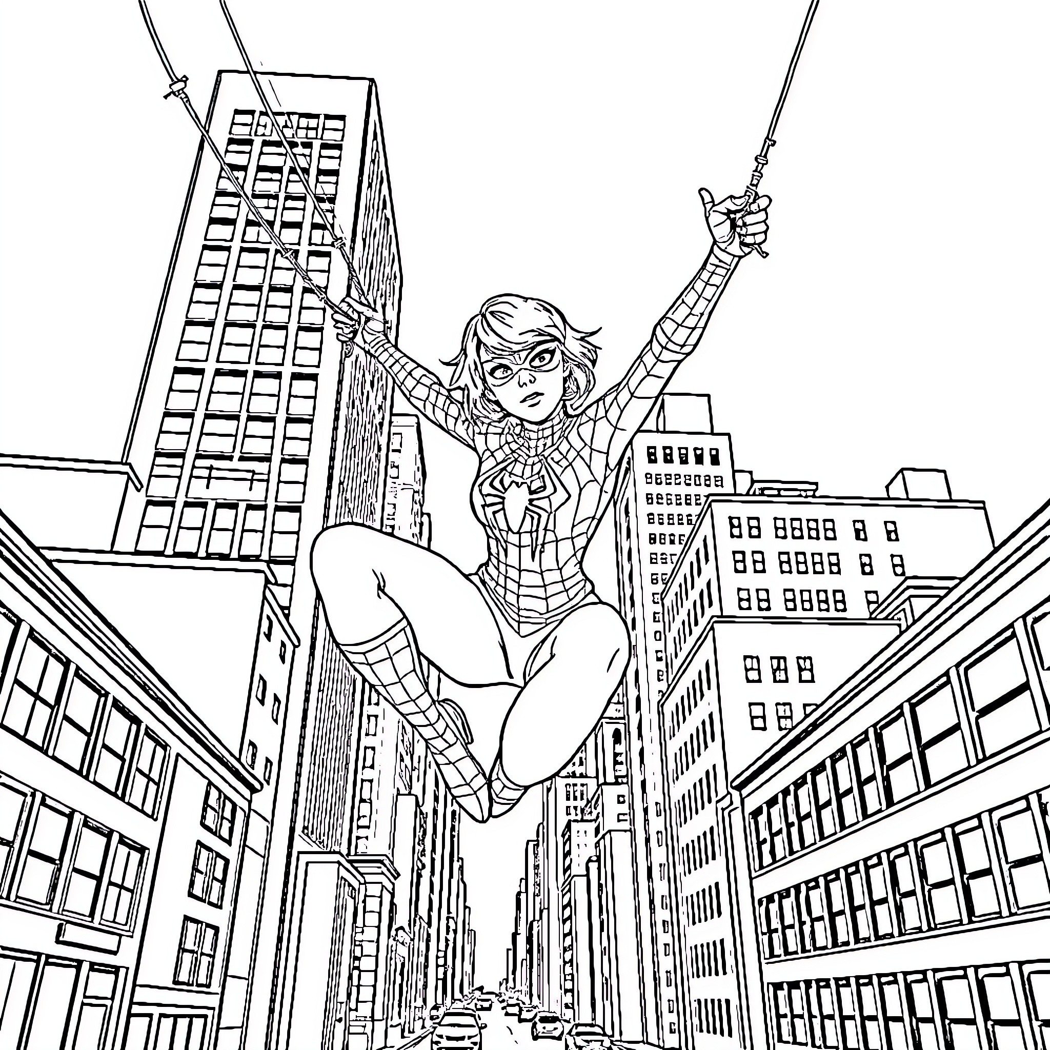 Taylor Swift heroically swinging through the city Coloring Page (free black-and-white line drawing printable PDF for all, from beginners to advanced learners, including children, teens, adults, and seniors)