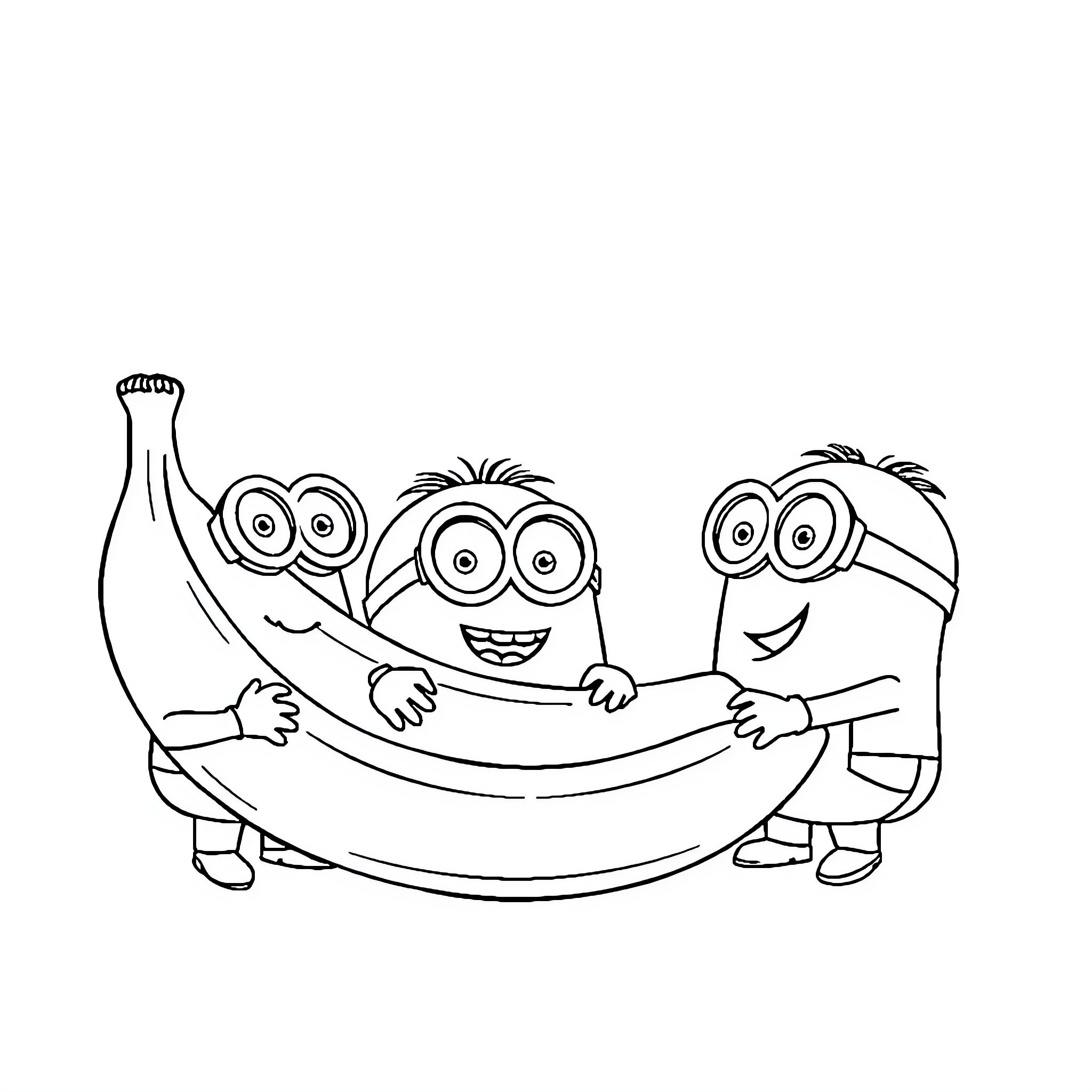 Minions playing and holding a banana Coloring Page (free black-and-white line drawing printable PDF for all, from beginners to advanced learners, including children, teens, adults, and seniors)