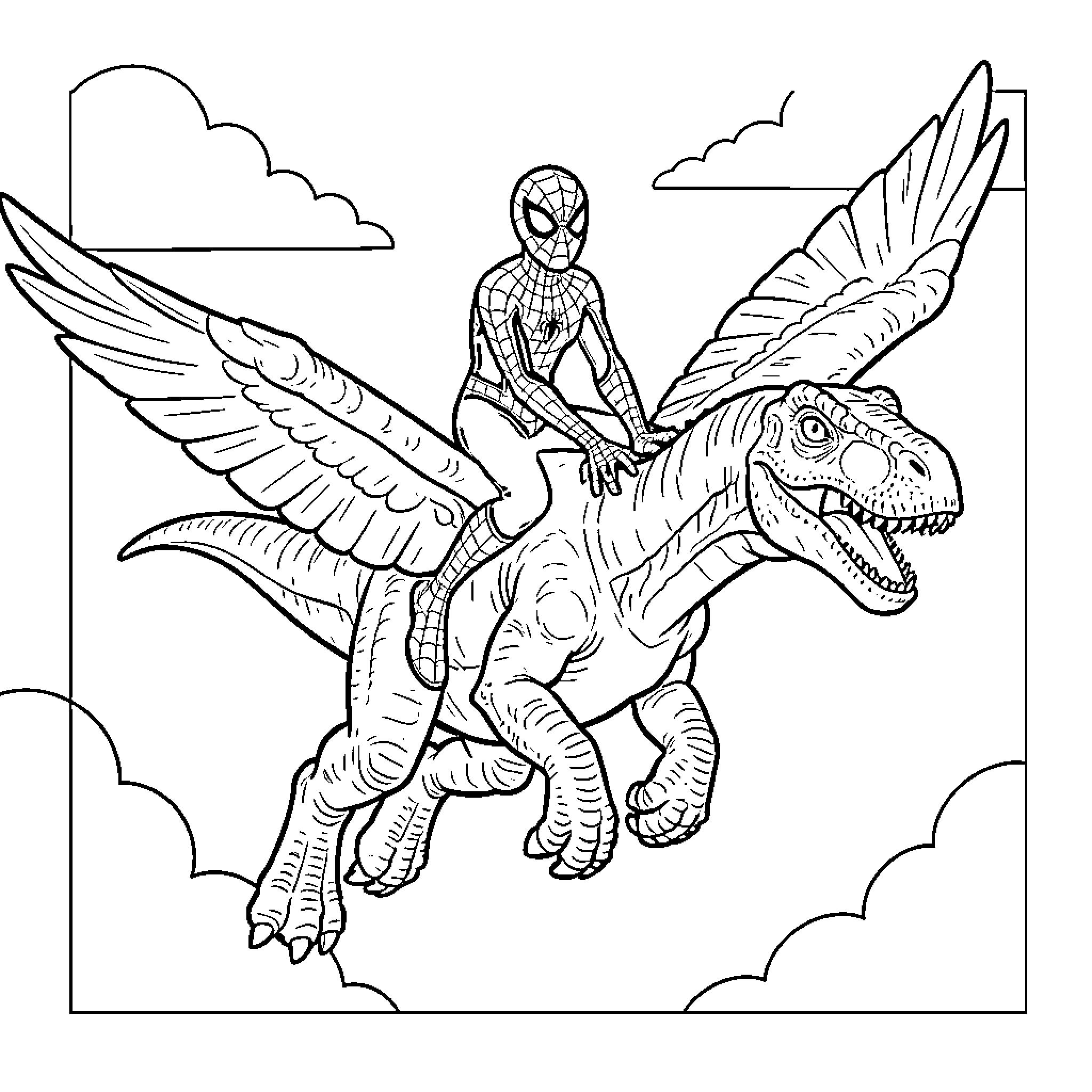 Spidey riding a flying dinosaur through the clouds Coloring Page (free black-and-white line drawing printable PDF for all, from beginners to advanced learners, including children, teens, adults, and seniors)