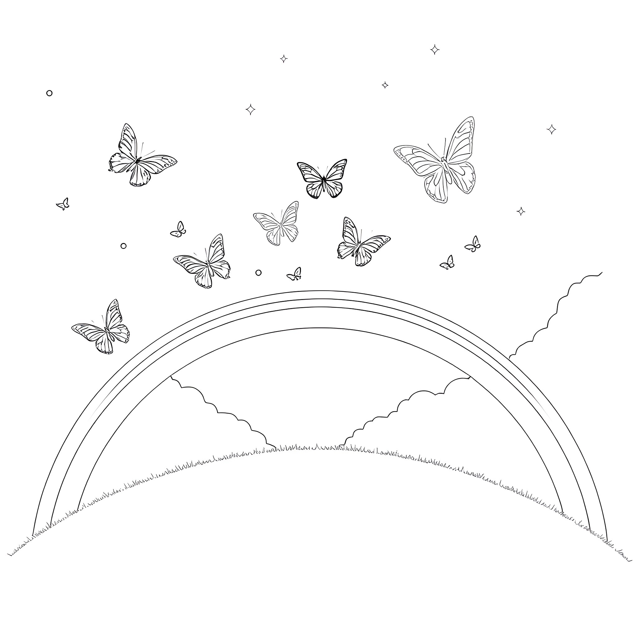 Butterfly garden with scenic rainbow Coloring Page (free black-and-white line drawing printable PDF for all, from beginners to advanced learners, including children, teens, adults, and seniors)
