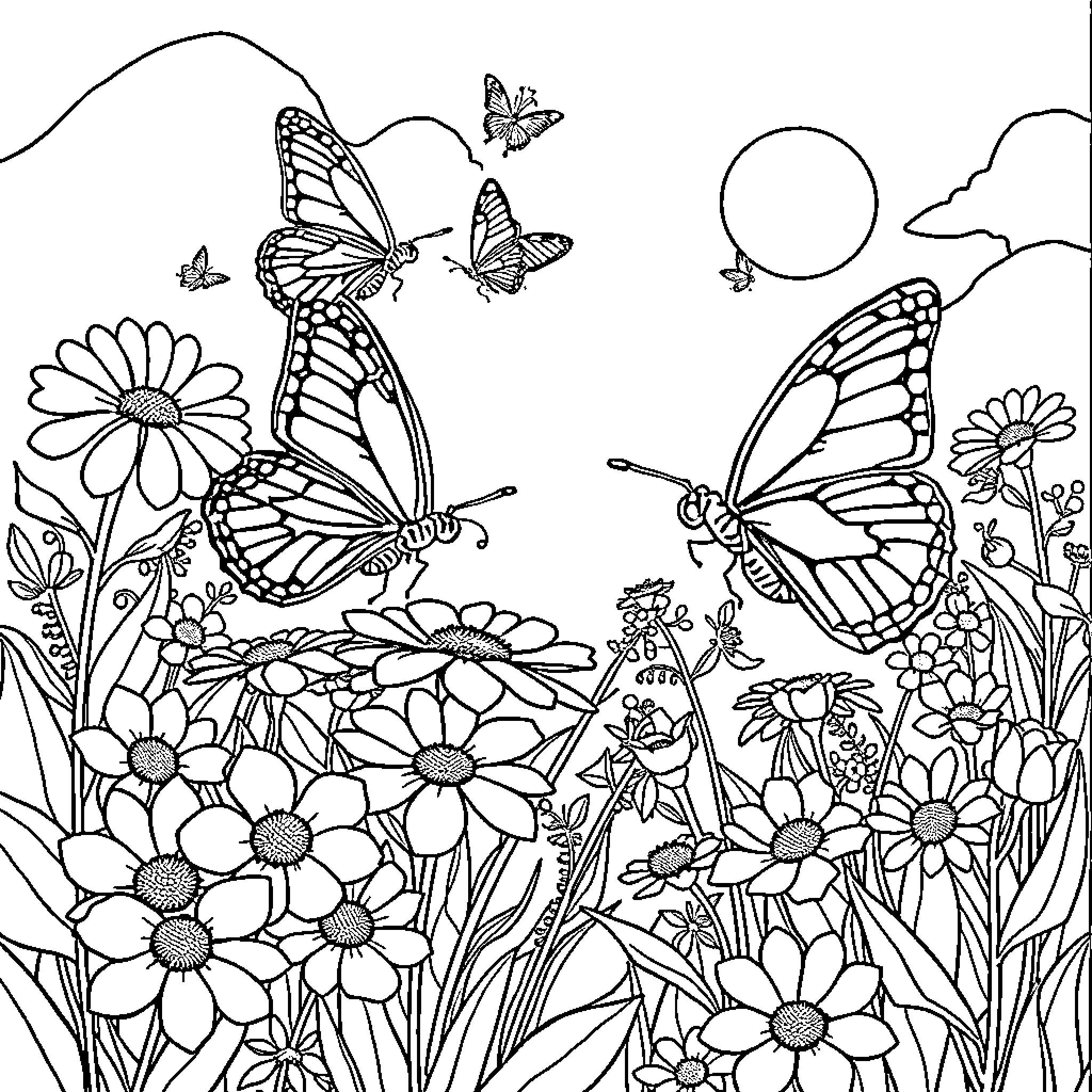 Butterfly Garden with Blooming Flowers Coloring Page (free black-and-white line drawing printable PDF for all, from beginners to advanced learners, including children, teens, adults, and seniors)