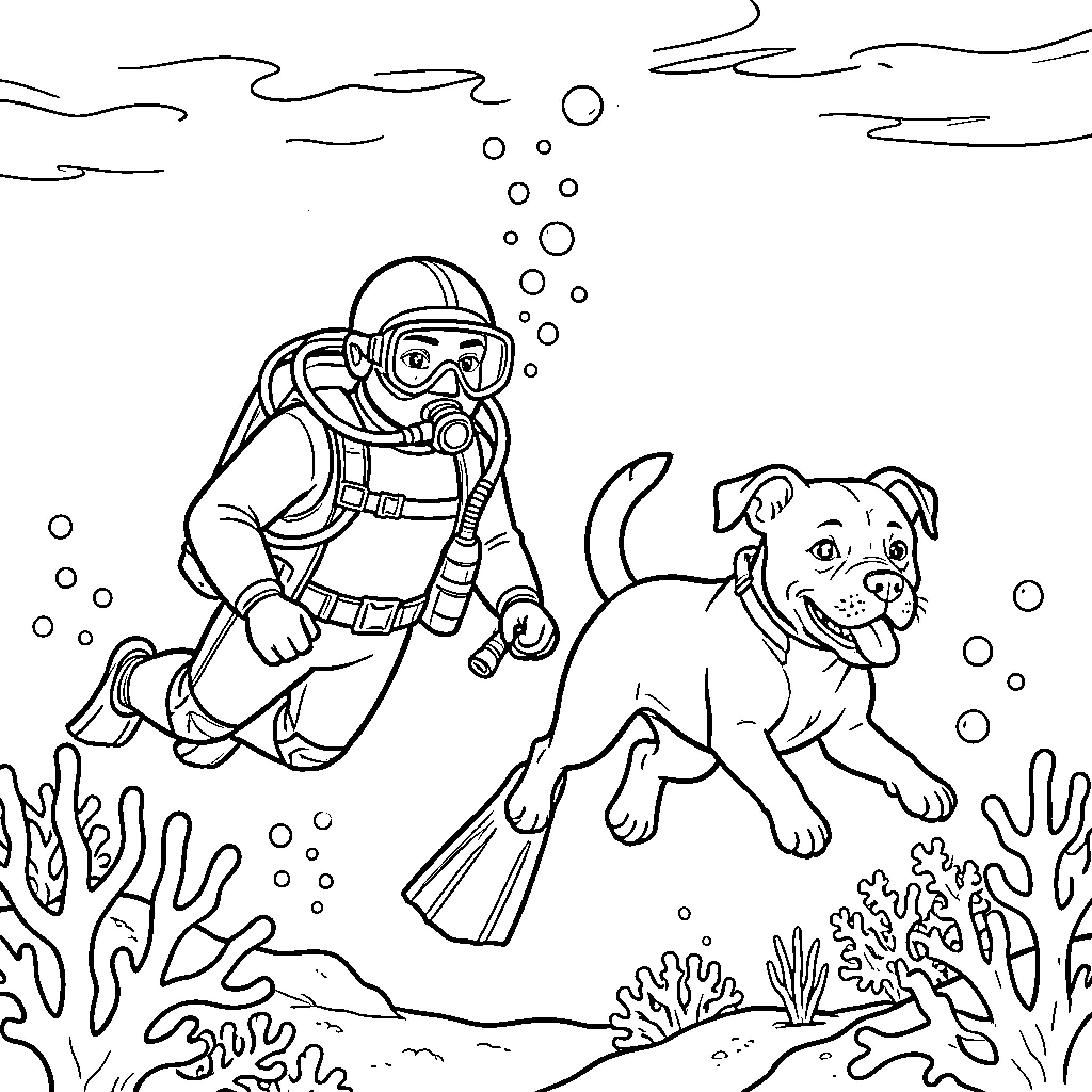 Pittbull scuba diver explores underwater with dog companion Coloring Page (free black-and-white line drawing printable PDF for all, from beginners to advanced learners, including children, teens, adults, and seniors)
