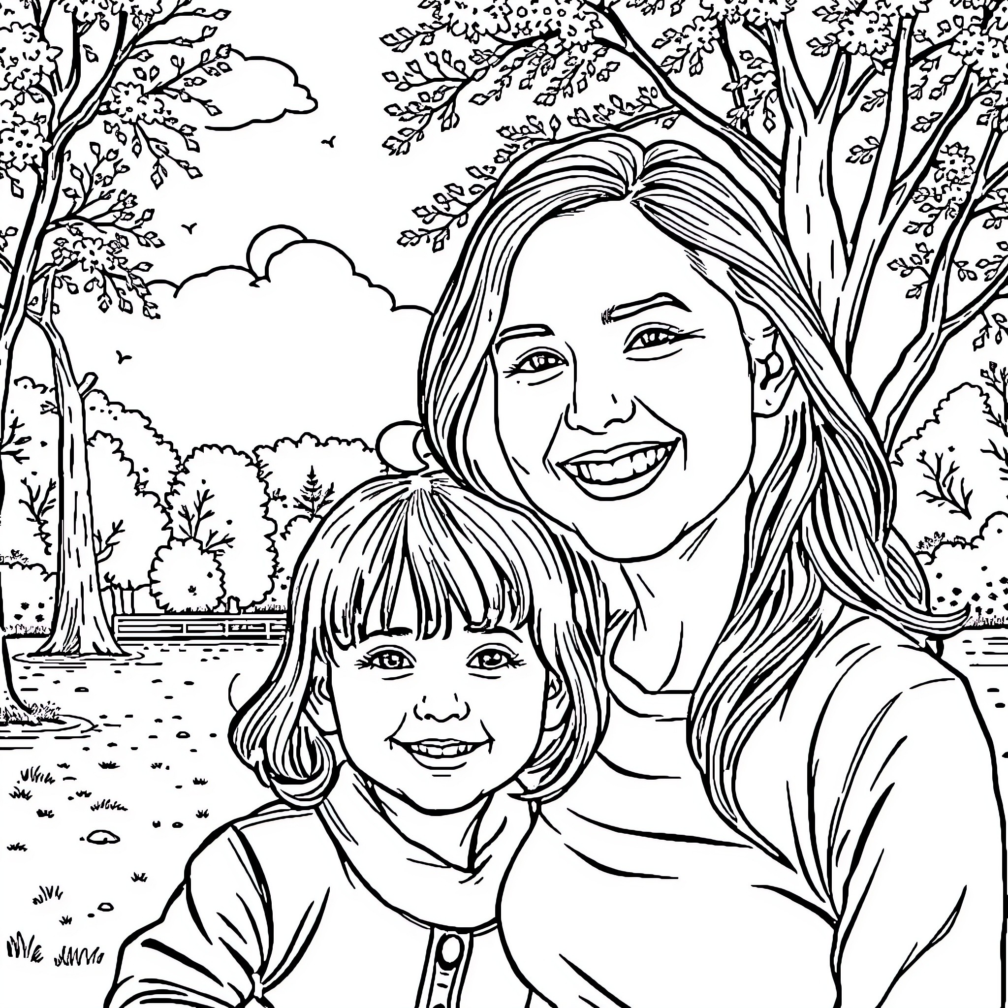 Person posing with child in outdoor nature scene Coloring Page (free black-and-white line drawing printable PDF for all, from beginners to advanced learners, including children, teens, adults, and seniors)