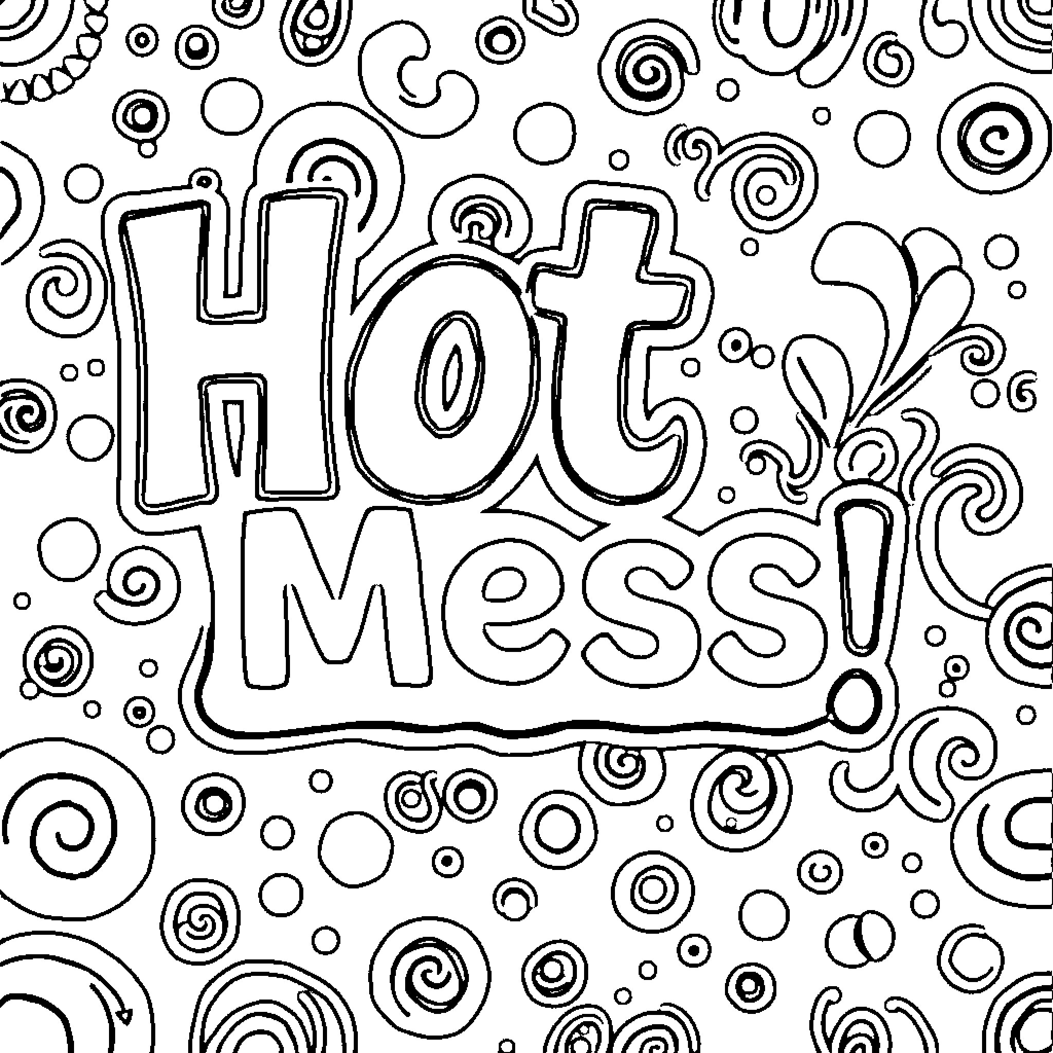 Hot Mess! Playful Doodles and Swirls Coloring Page (free black-and-white line drawing printable PDF for all, from beginners to advanced learners, including children, teens, adults, and seniors)