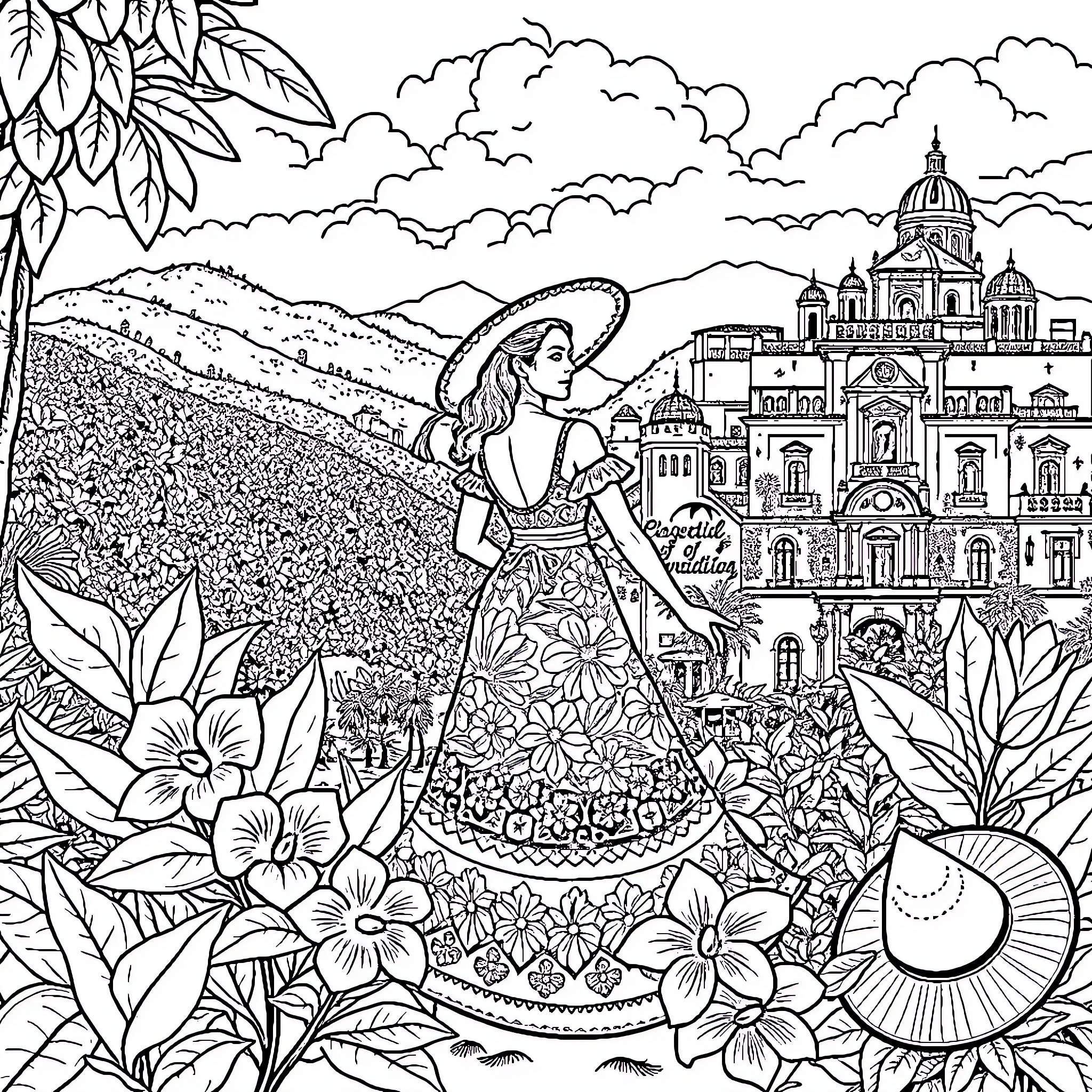 Colombia: Woman in traditional dress surrounded by flowers and architecture Coloring Page (free black-and-white line drawing printable PDF for all, from beginners to advanced learners, including children, teens, adults, and seniors)