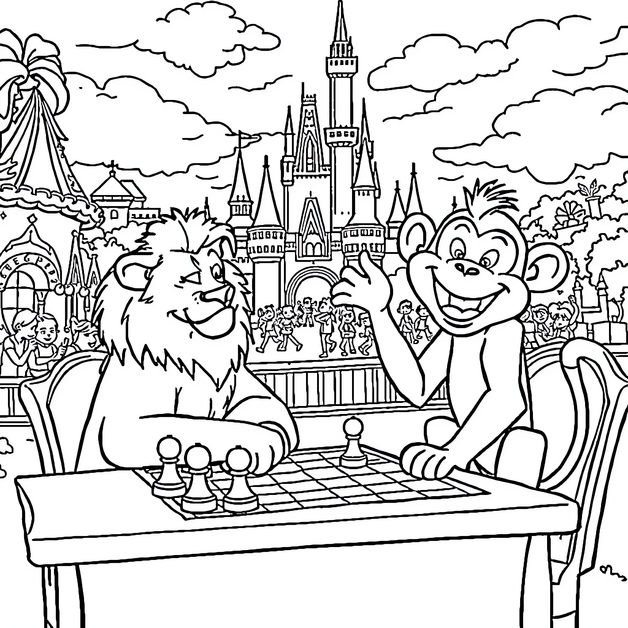 Lion playing chess with a friend in a magical kingdom Coloring Page (free black-and-white line drawing printable PDF for all, from beginners to advanced learners, including children, teens, adults, and seniors)