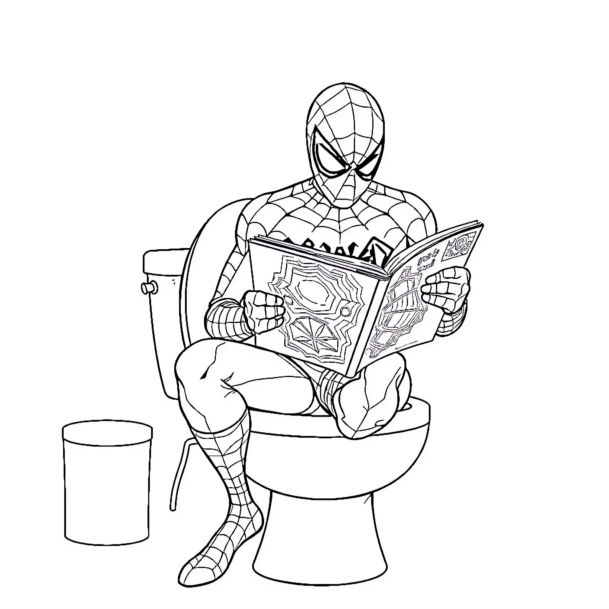 Spiderman reading comic book on toilet Coloring Page (free black-and-white line drawing printable PDF for all, from beginners to advanced learners, including children, teens, adults, and seniors)