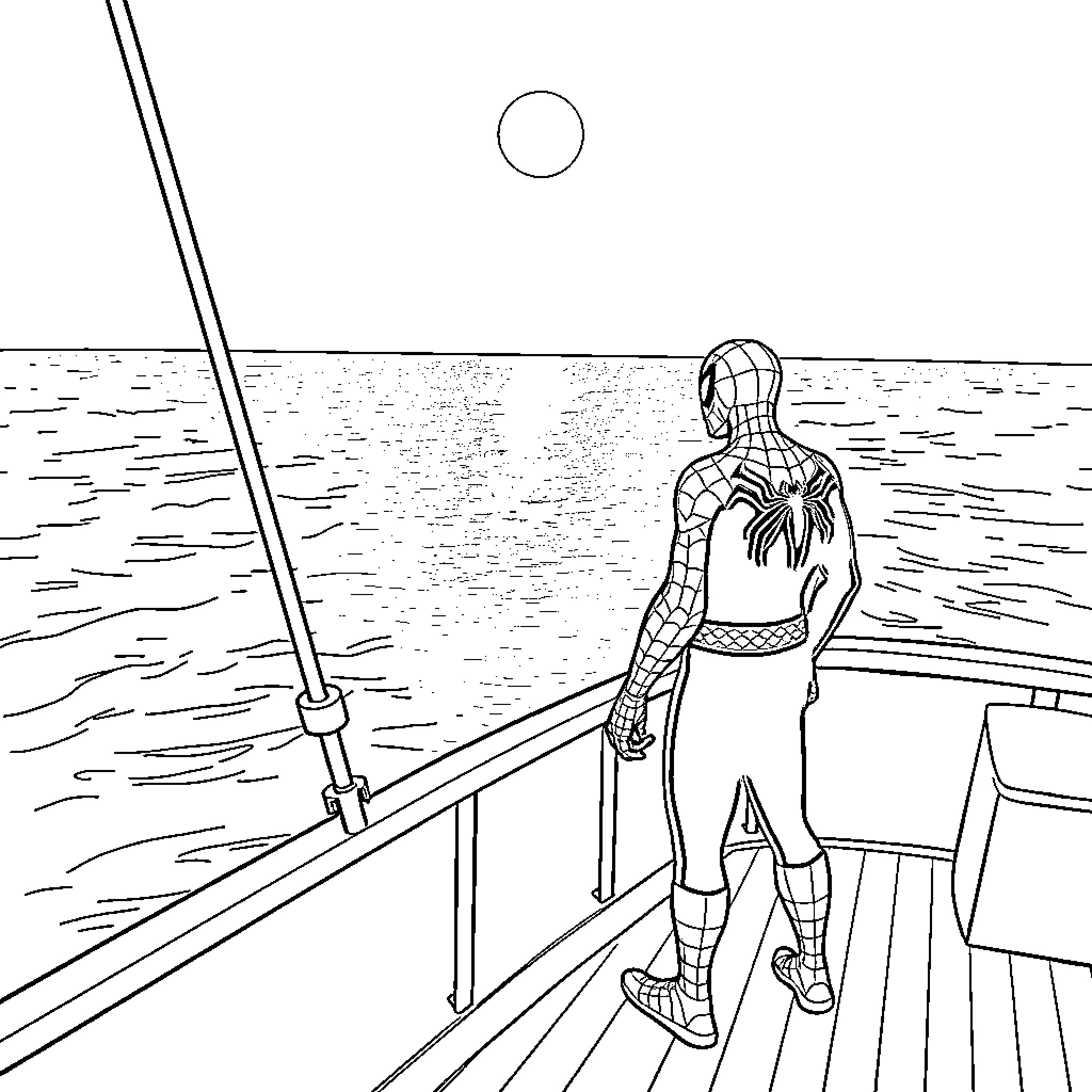 Spiderman observing the ocean from a dock Coloring Page (free black-and-white line drawing printable PDF for all, from beginners to advanced learners, including children, teens, adults, and seniors)