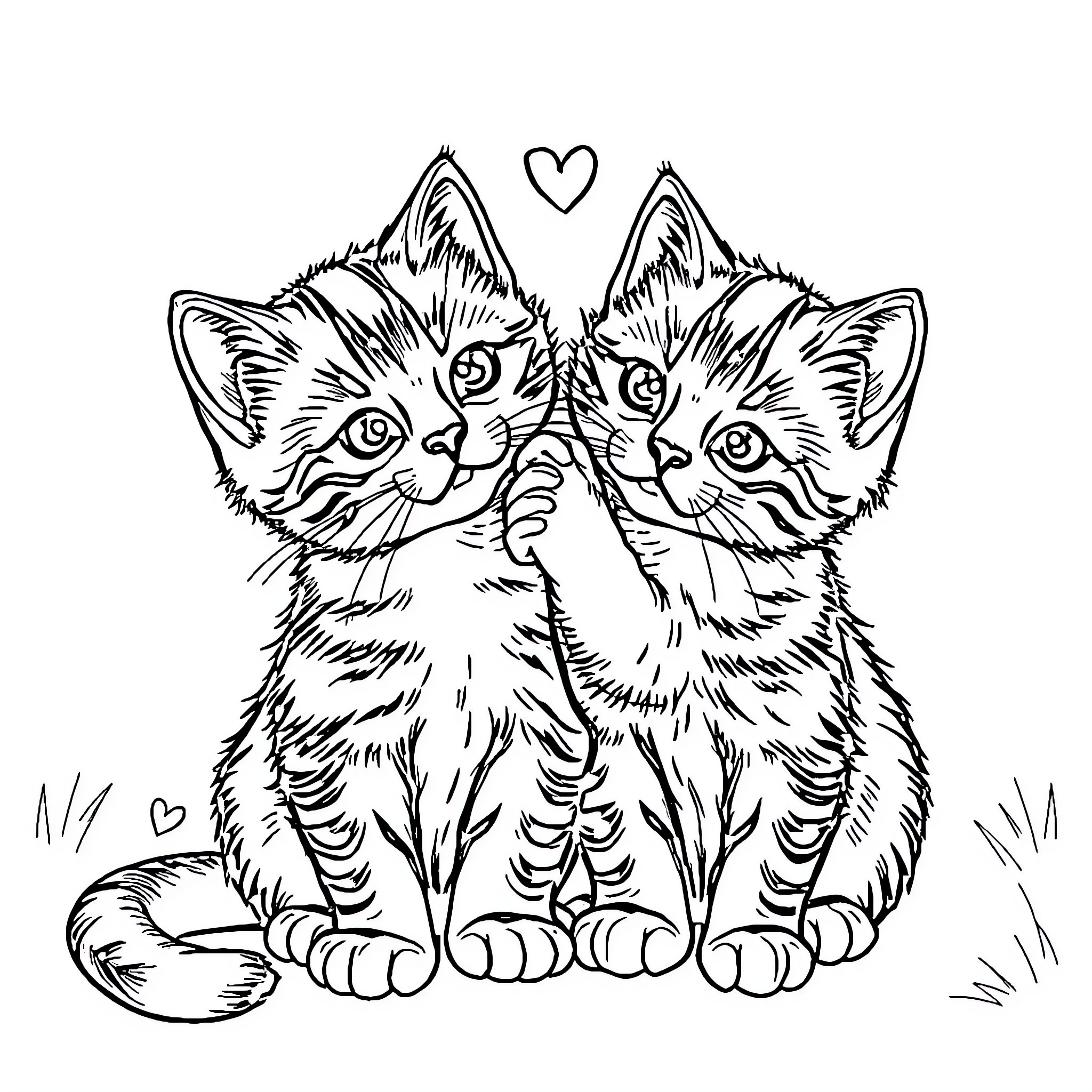 Cat Kittens Sharing Affection Coloring Page (free black-and-white line drawing printable PDF for all, from beginners to advanced learners, including children, teens, adults, and seniors)