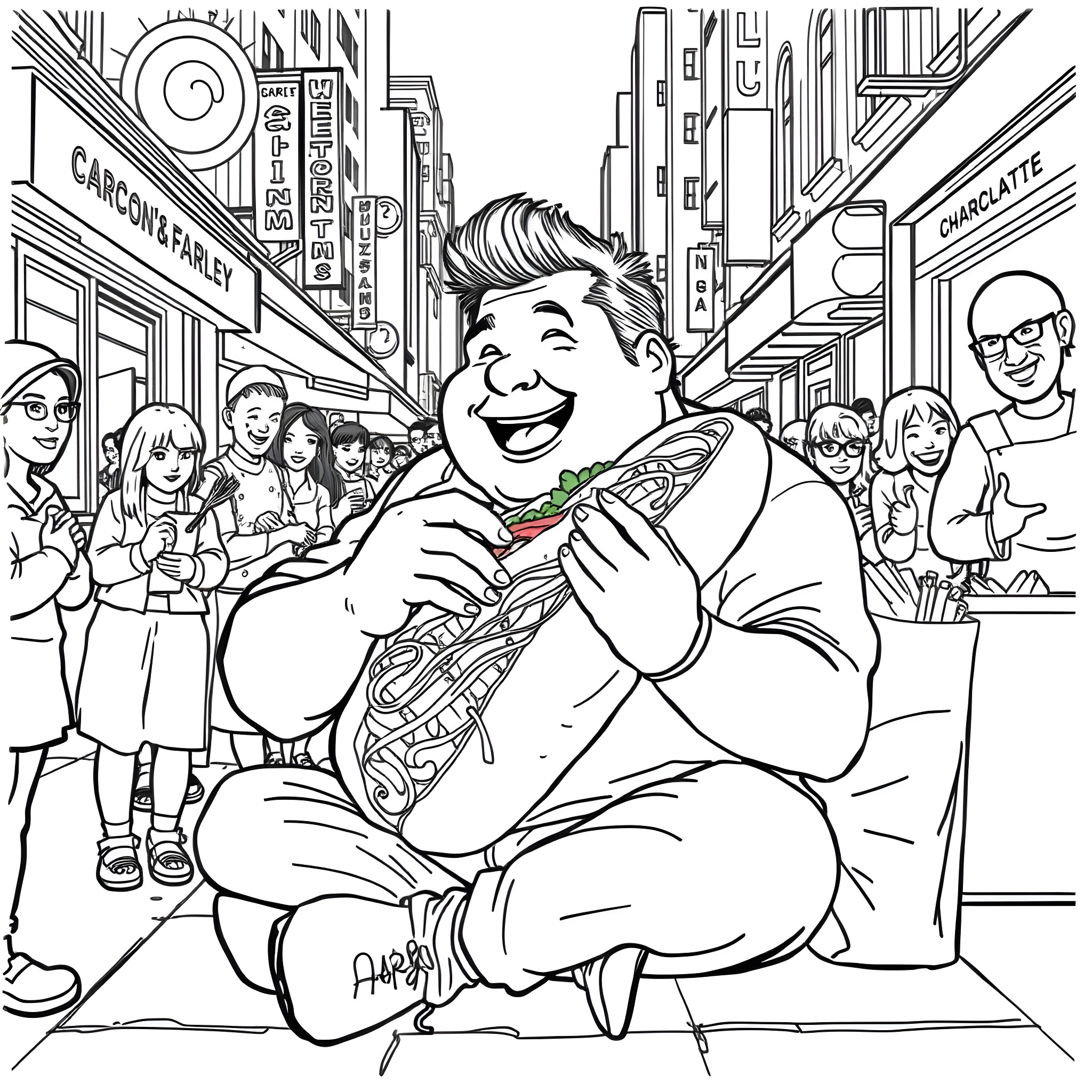 Chris Farley entertaining the crowd in New York City Coloring Page (free black-and-white line drawing printable PDF for all, from beginners to advanced learners, including children, teens, adults, and seniors)