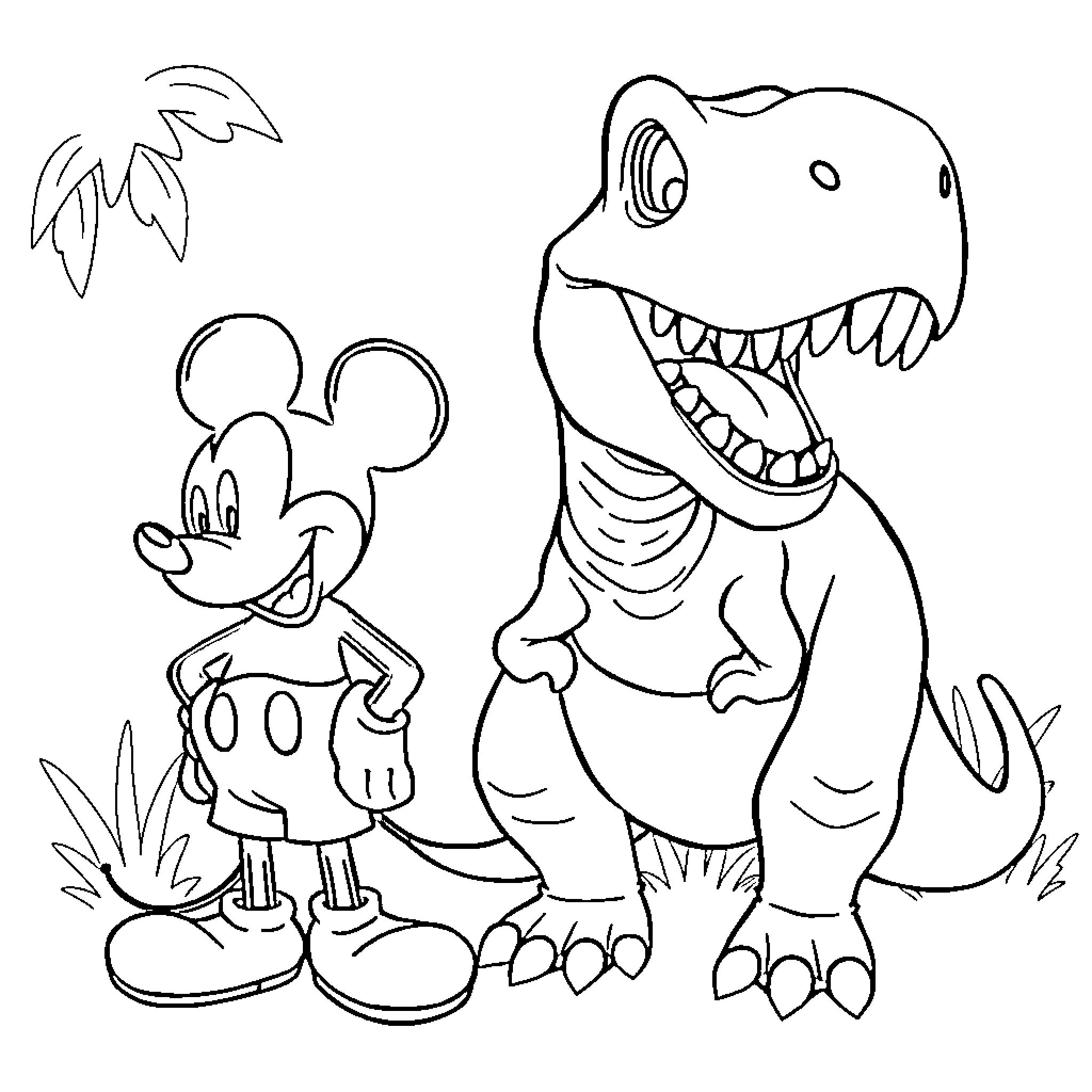 Mickey Mouse encounters a friendly dinosaur Coloring Page (free black-and-white line drawing printable PDF for all, from beginners to advanced learners, including children, teens, adults, and seniors)