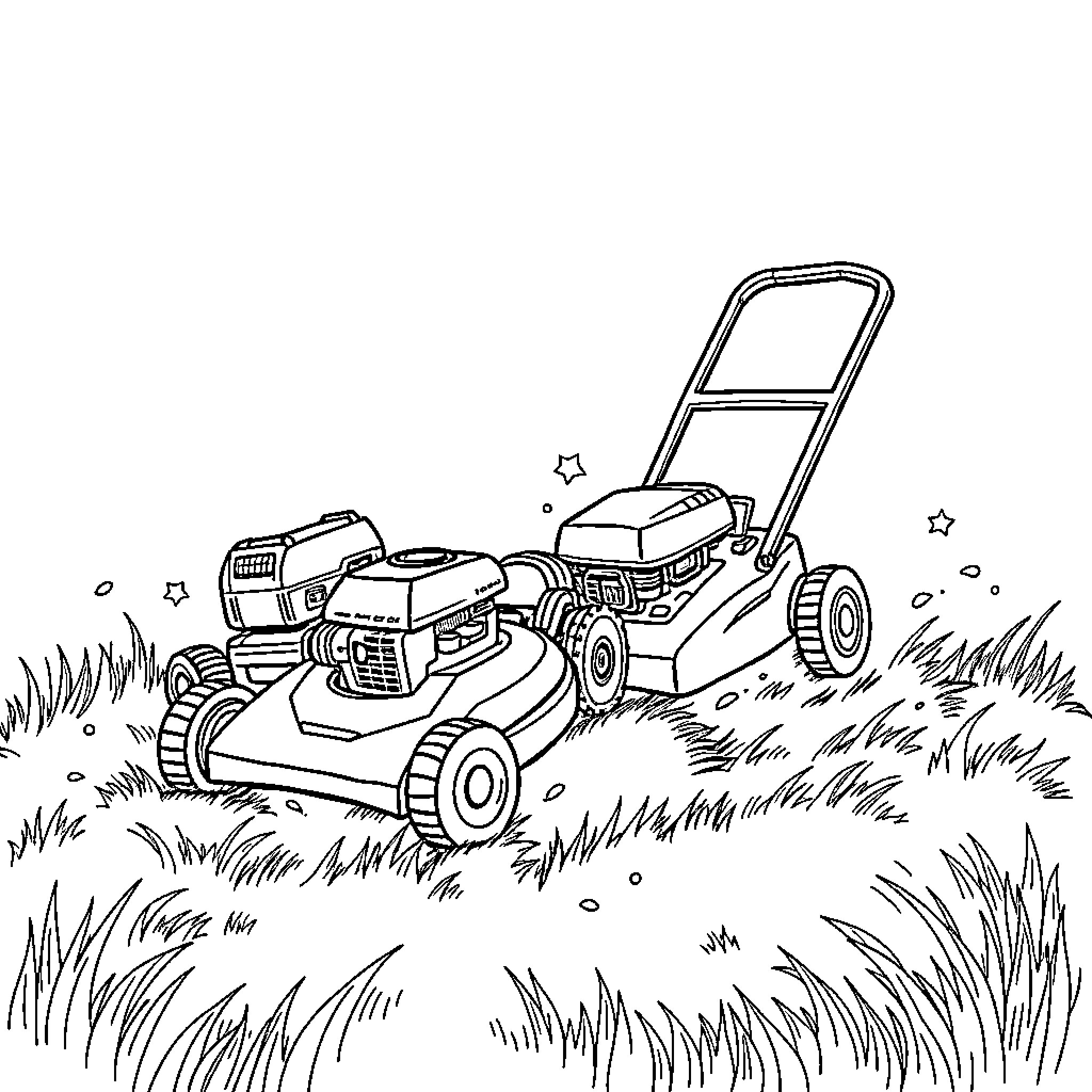 Lawnmower cutting grass in the yard Coloring Page (free black-and-white line drawing printable PDF for all, from beginners to advanced learners, including children, teens, adults, and seniors)