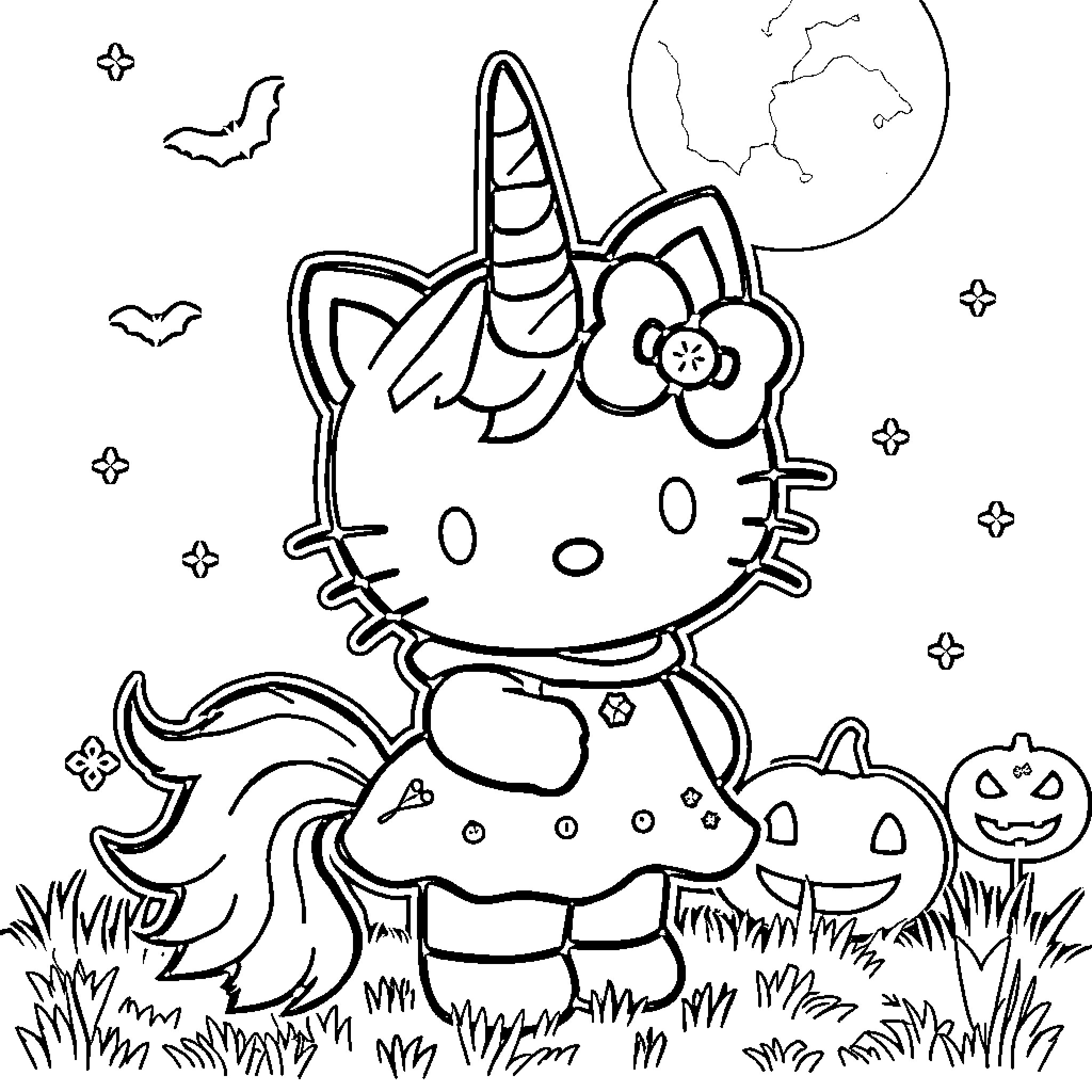 Hello Kitty's Unicorn Halloween Adventure Coloring Page (free black-and-white line drawing printable PDF for all, from beginners to advanced learners, including children, teens, adults, and seniors)