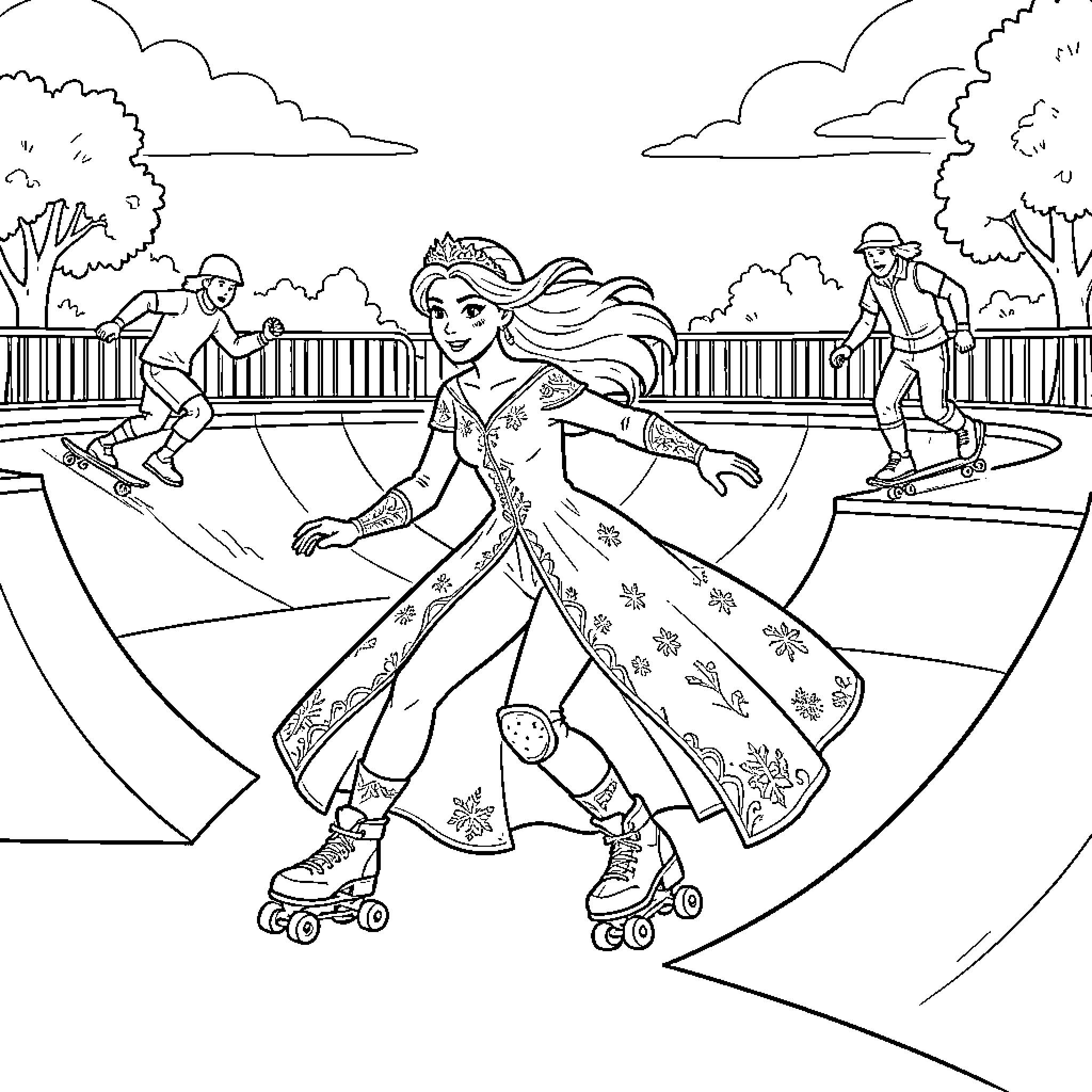Queen in regal dress roller skating in a park Coloring Page (free black-and-white line drawing printable PDF for all, from beginners to advanced learners, including children, teens, adults, and seniors)