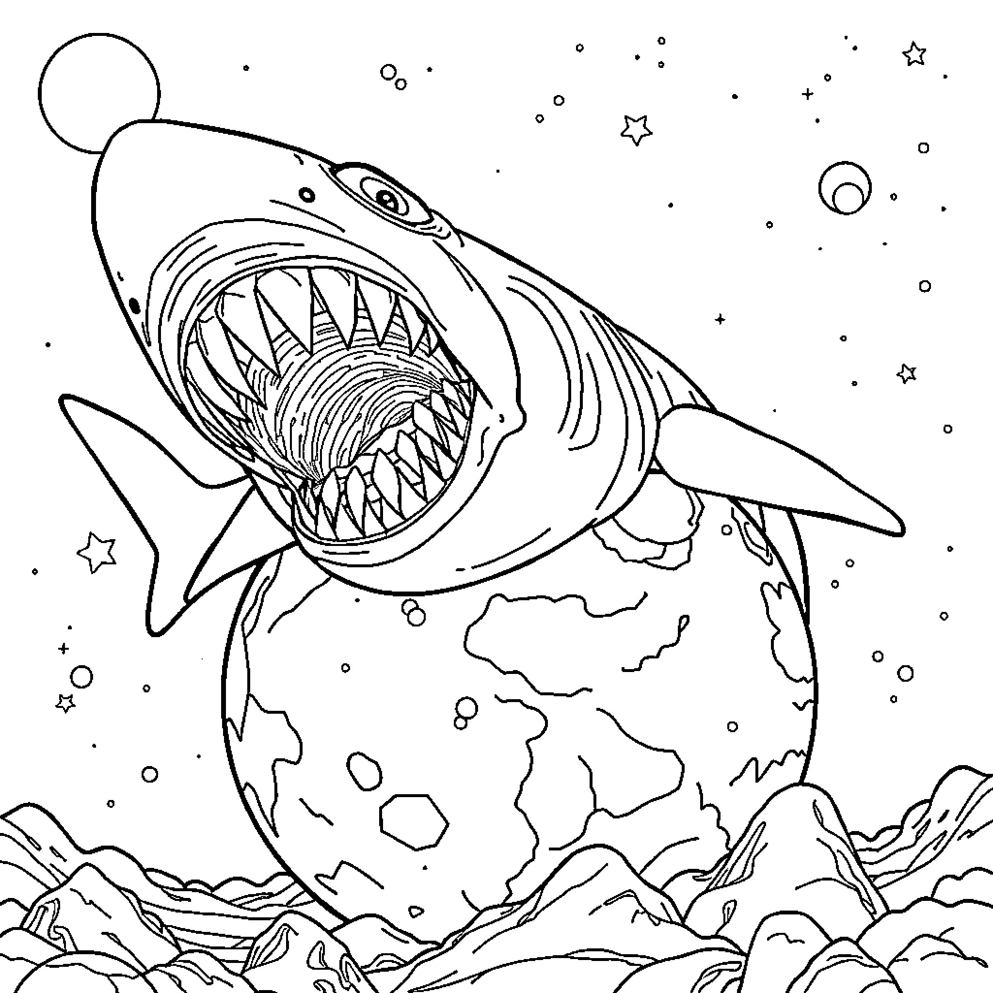 Bloopshark Devouring the Earth in Space Coloring Page (free black-and-white line drawing printable PDF for all, from beginners to advanced learners, including children, teens, adults, and seniors)