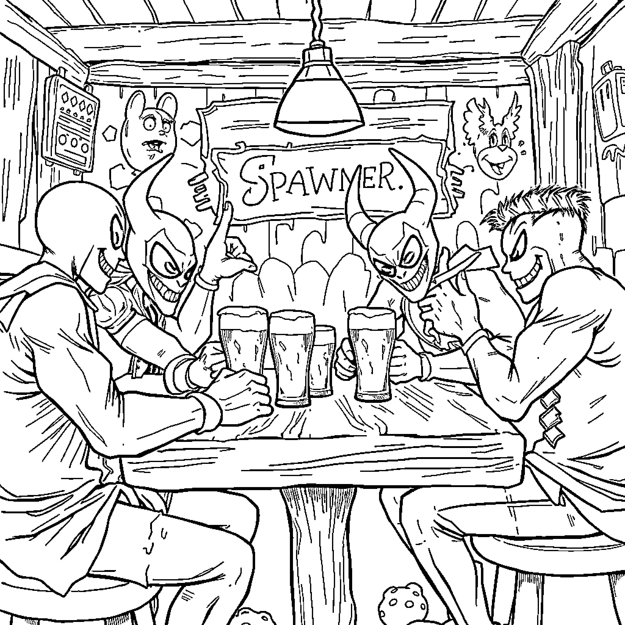 Spawn: Animated Characters Enjoying Drinks at a Bar Coloring Page (free black-and-white line drawing printable PDF for all, from beginners to advanced learners, including children, teens, adults, and seniors)