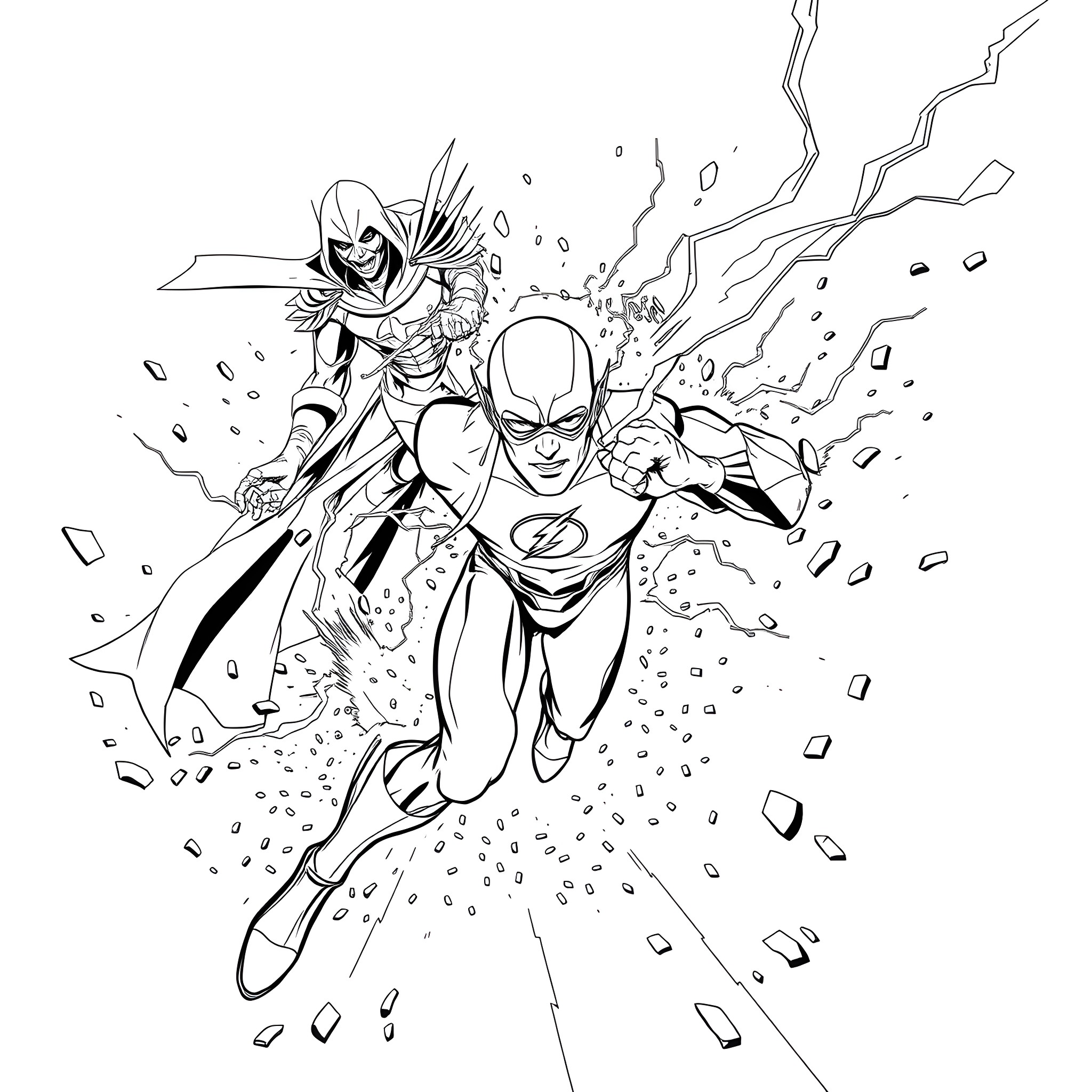 Flash Heroes Rushing Into Action Coloring Page (free black-and-white line drawing printable PDF for all, from beginners to advanced learners, including children, teens, adults, and seniors)